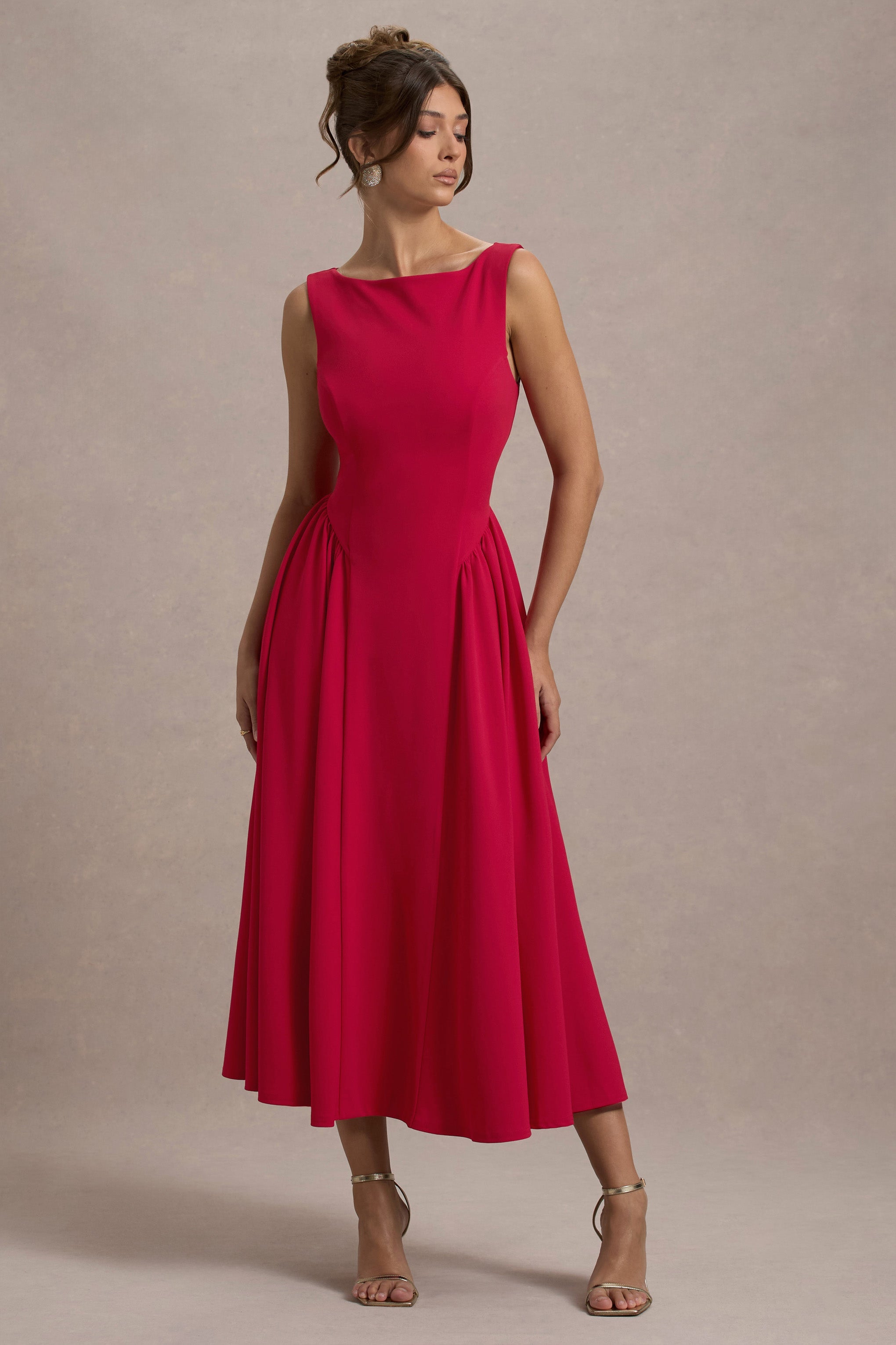 Muriel | Red Boat-Neck Volume-Hem Midi Dress-Sowoom