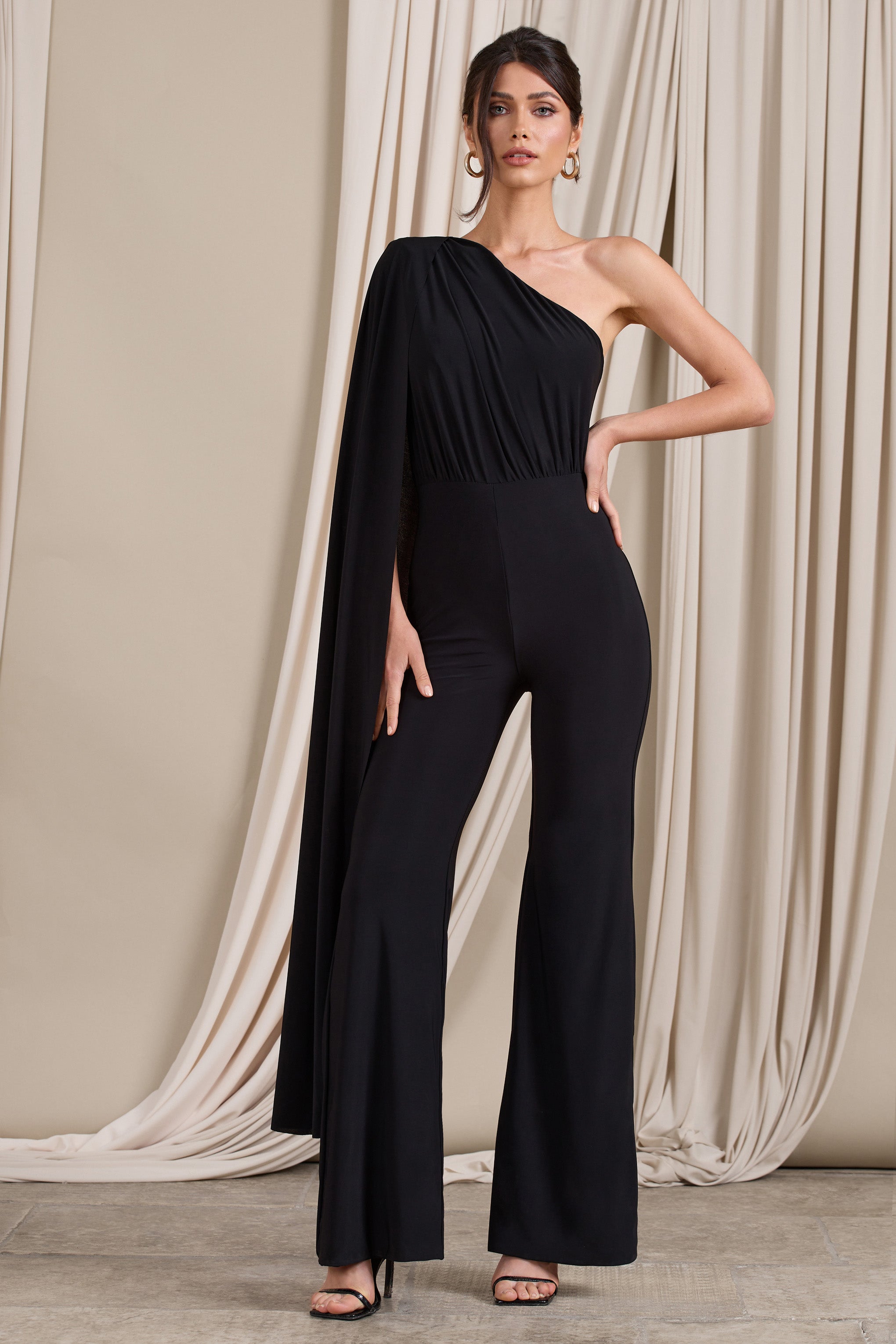 Aurora | Black One Shoulder Cape Sleeve Jumpsuit-Sowoom