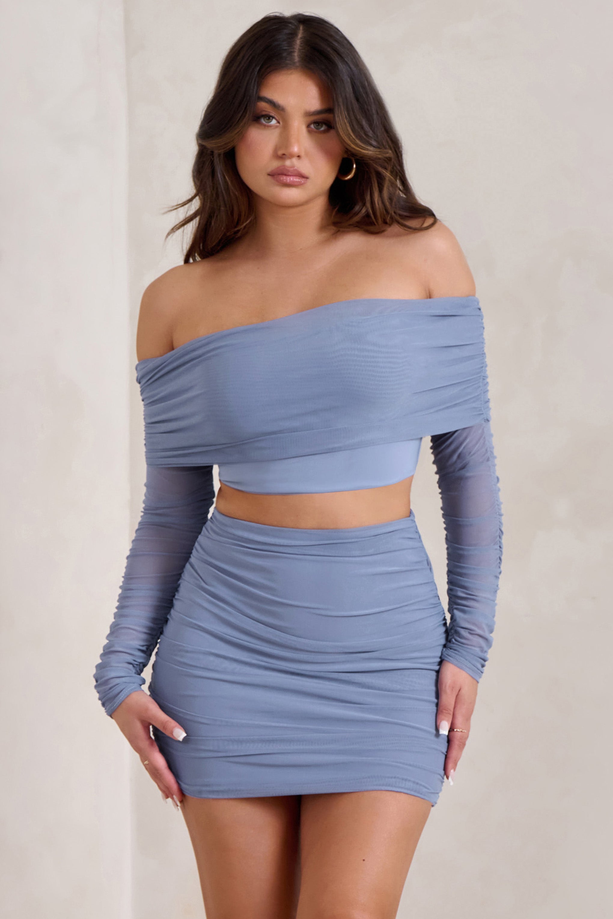Rule Breaker | Cornflower Blue Ruched Mesh Bardot Crop Top-Sowoom