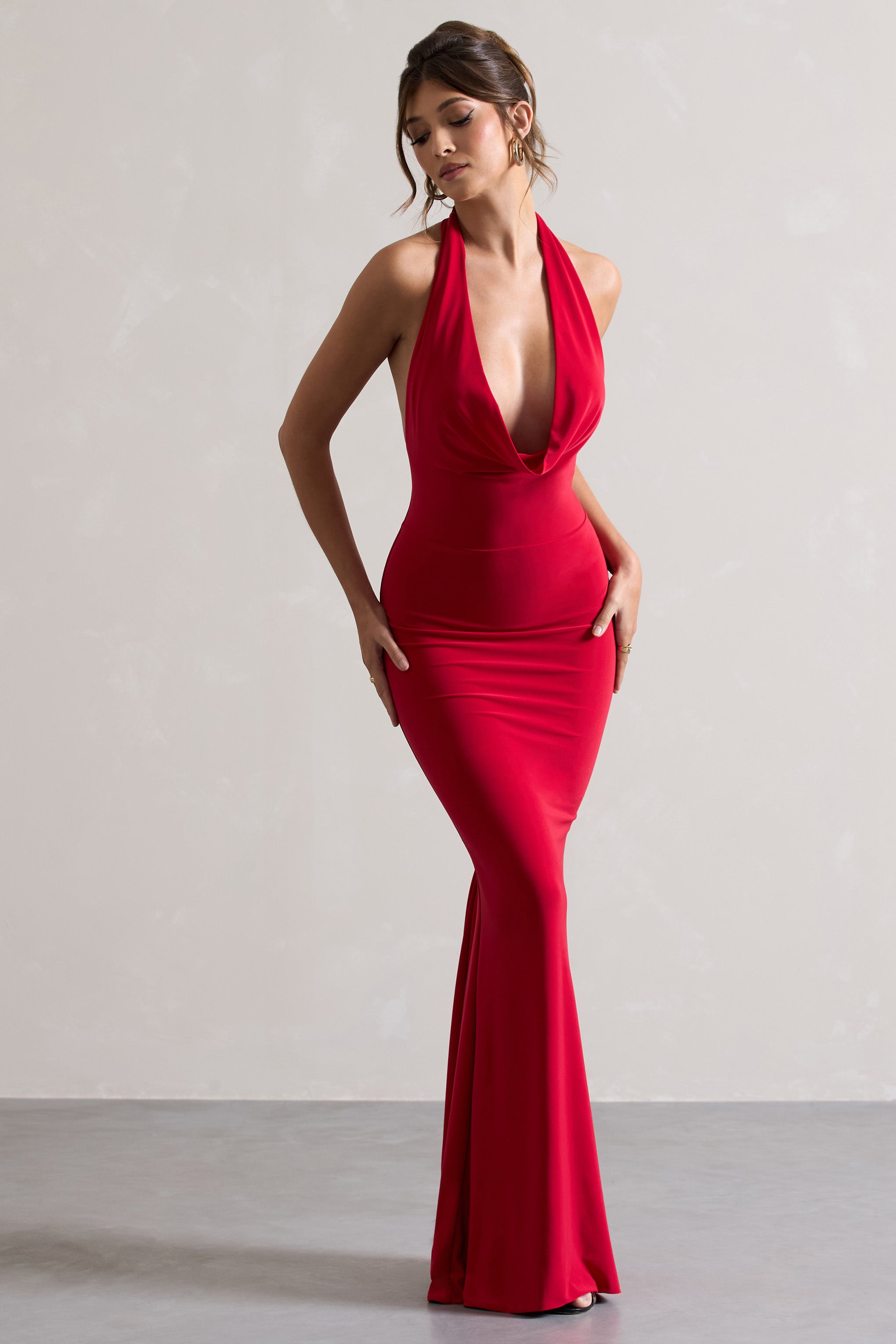 Milani | Red Backless Cowl Neck Fishtail Maxi Dress-Sowoom