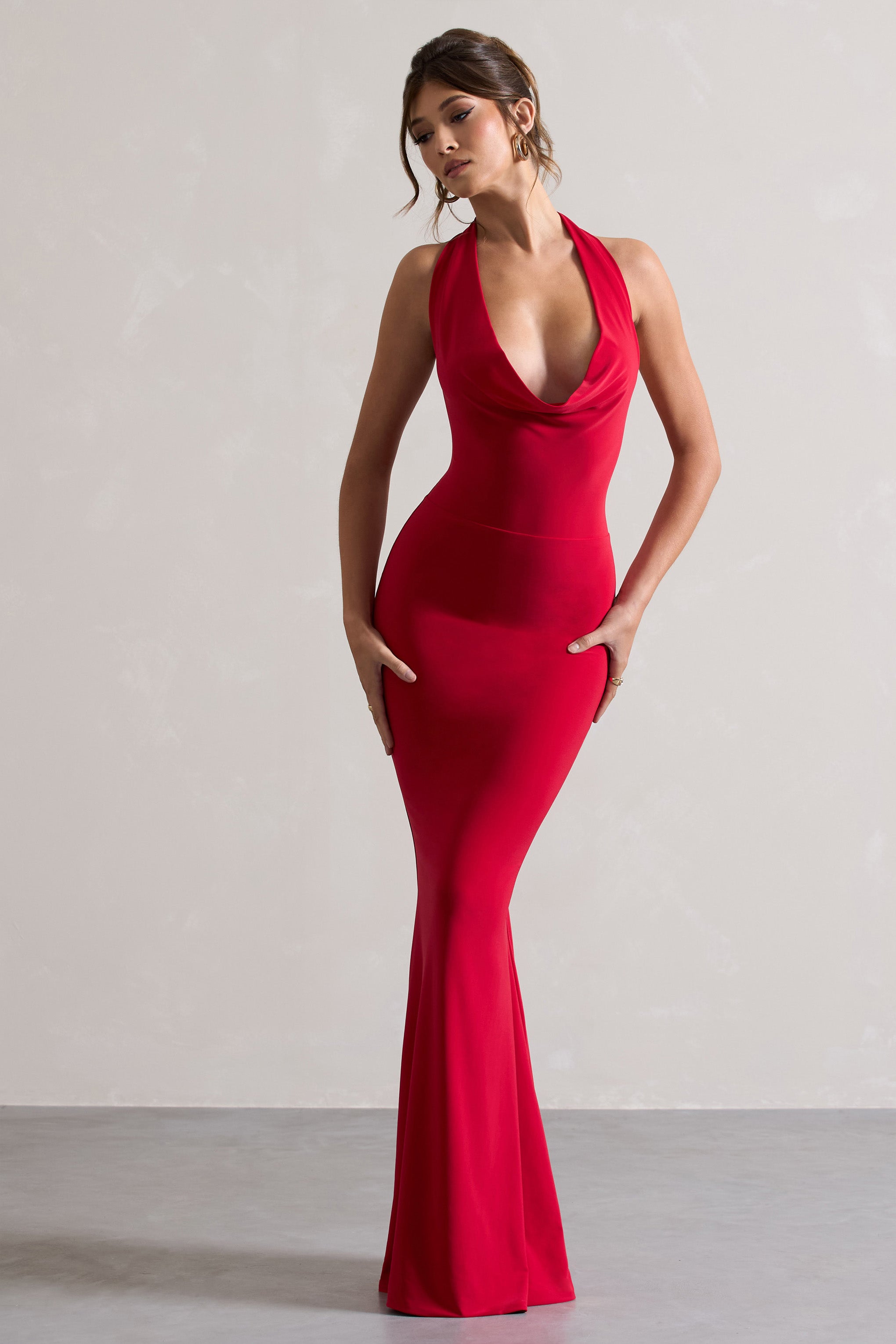 Milani | Red Backless Cowl Neck Fishtail Maxi Dress-Sowoom