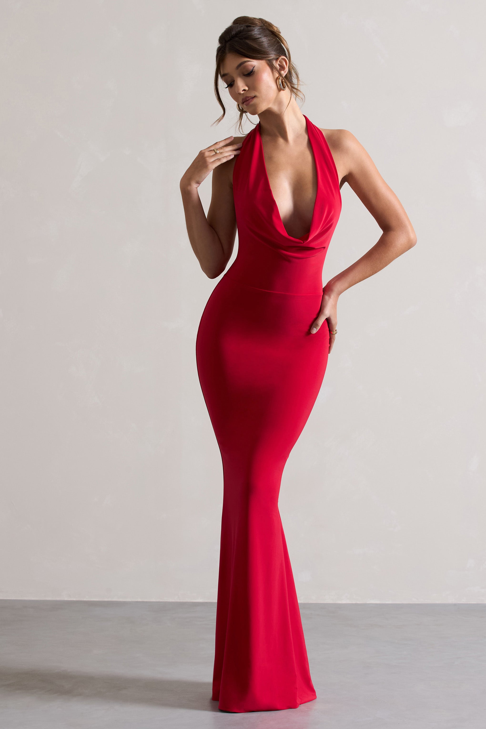 Milani | Red Backless Cowl Neck Fishtail Maxi Dress-Sowoom