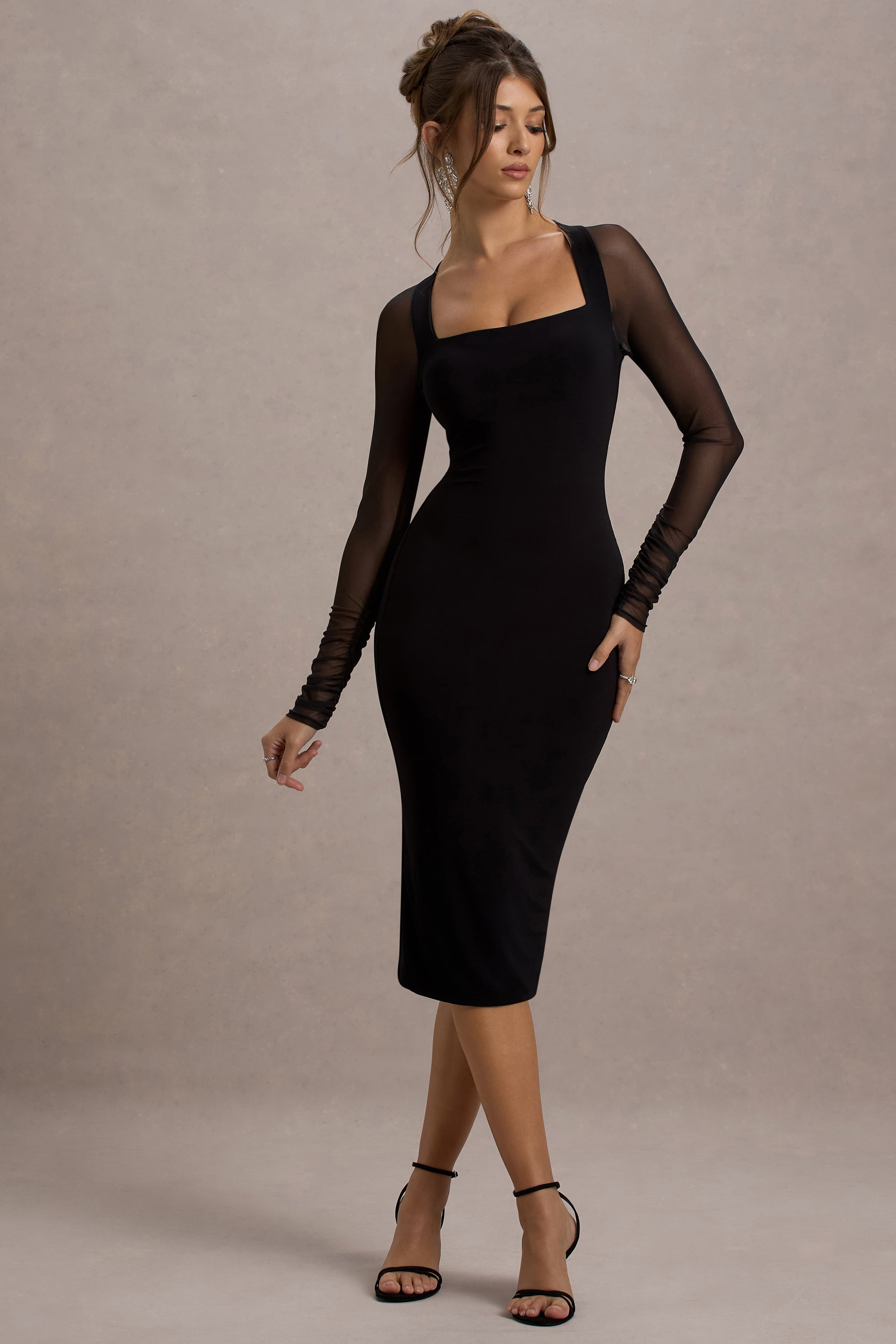 Off Track | Black Bodycon Midi Dress With Sheer Sleeves-Sowoom