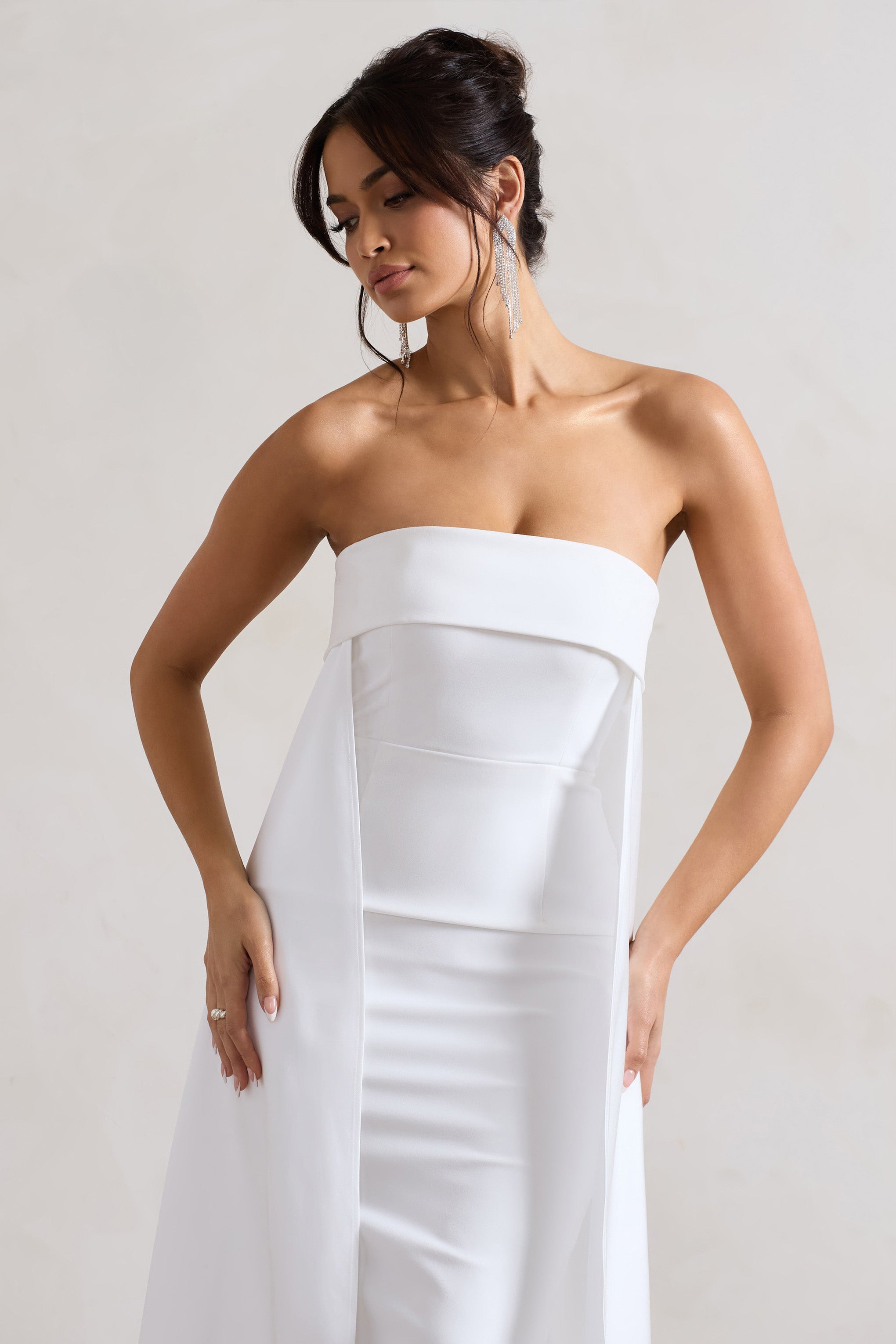 Save The Date | Cream Bandeau Midi Dress With Train-Sowoom