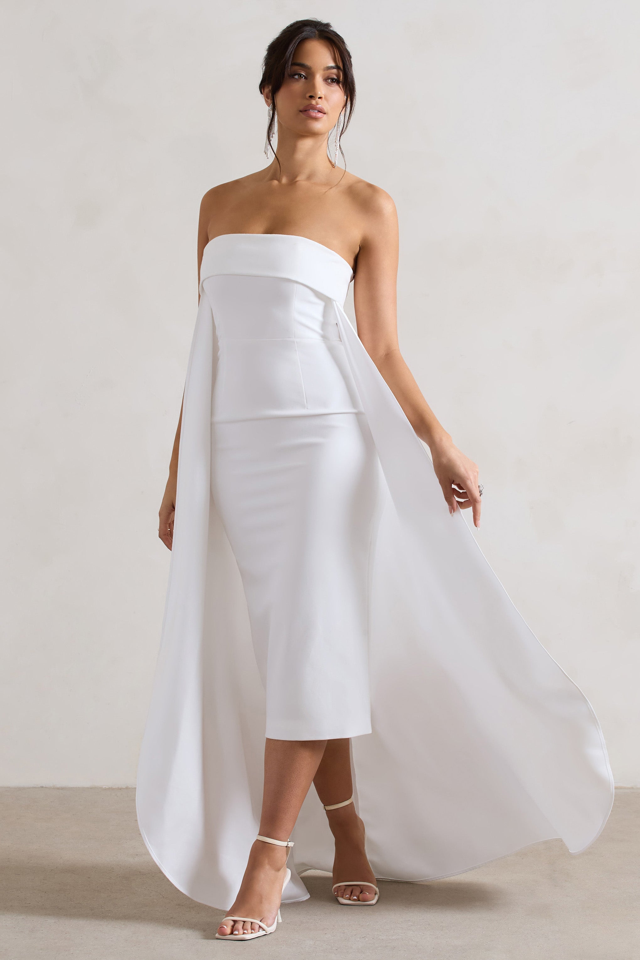 Save The Date | Cream Bandeau Midi Dress With Train-Sowoom