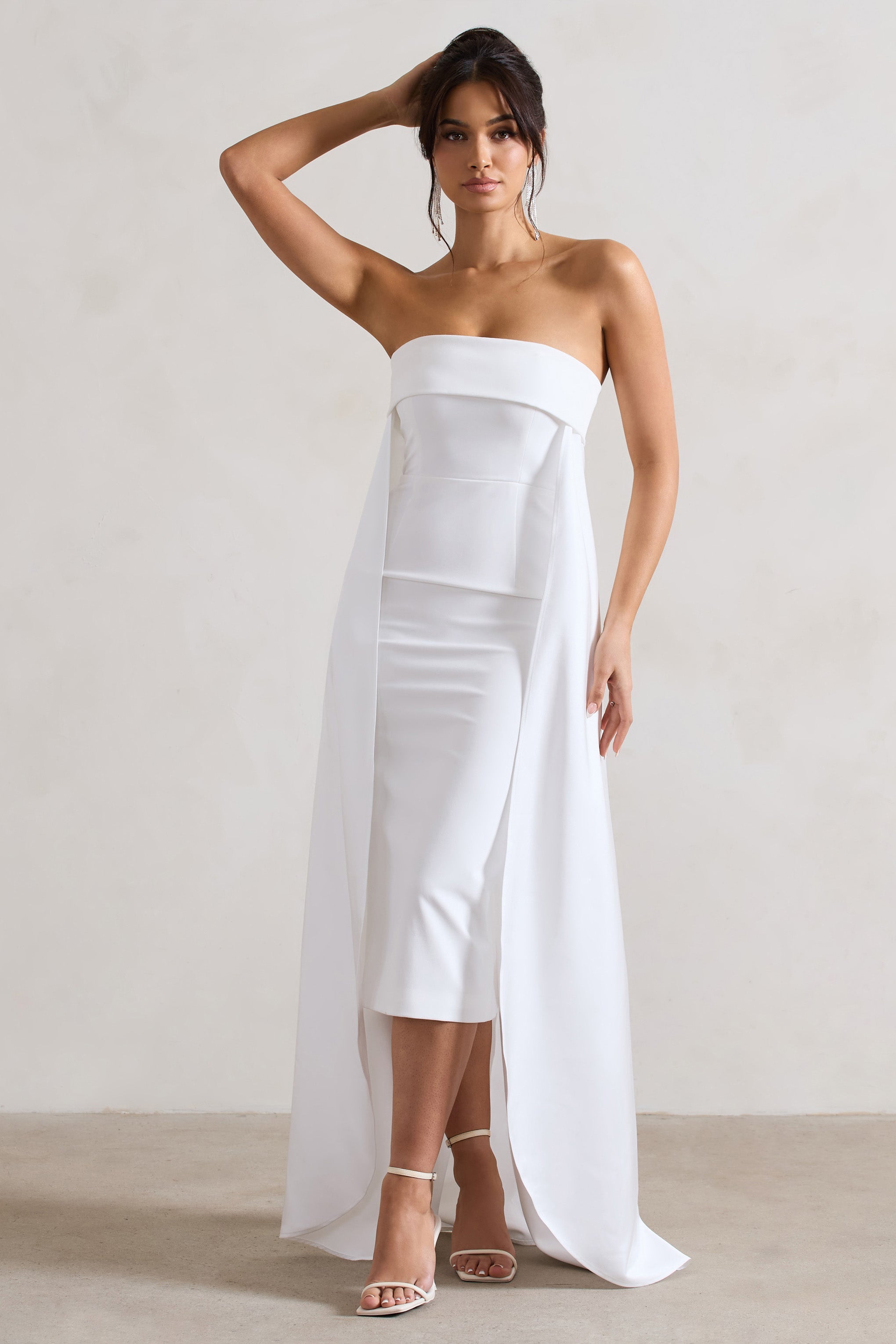Save The Date | Cream Bandeau Midi Dress With Train-Sowoom