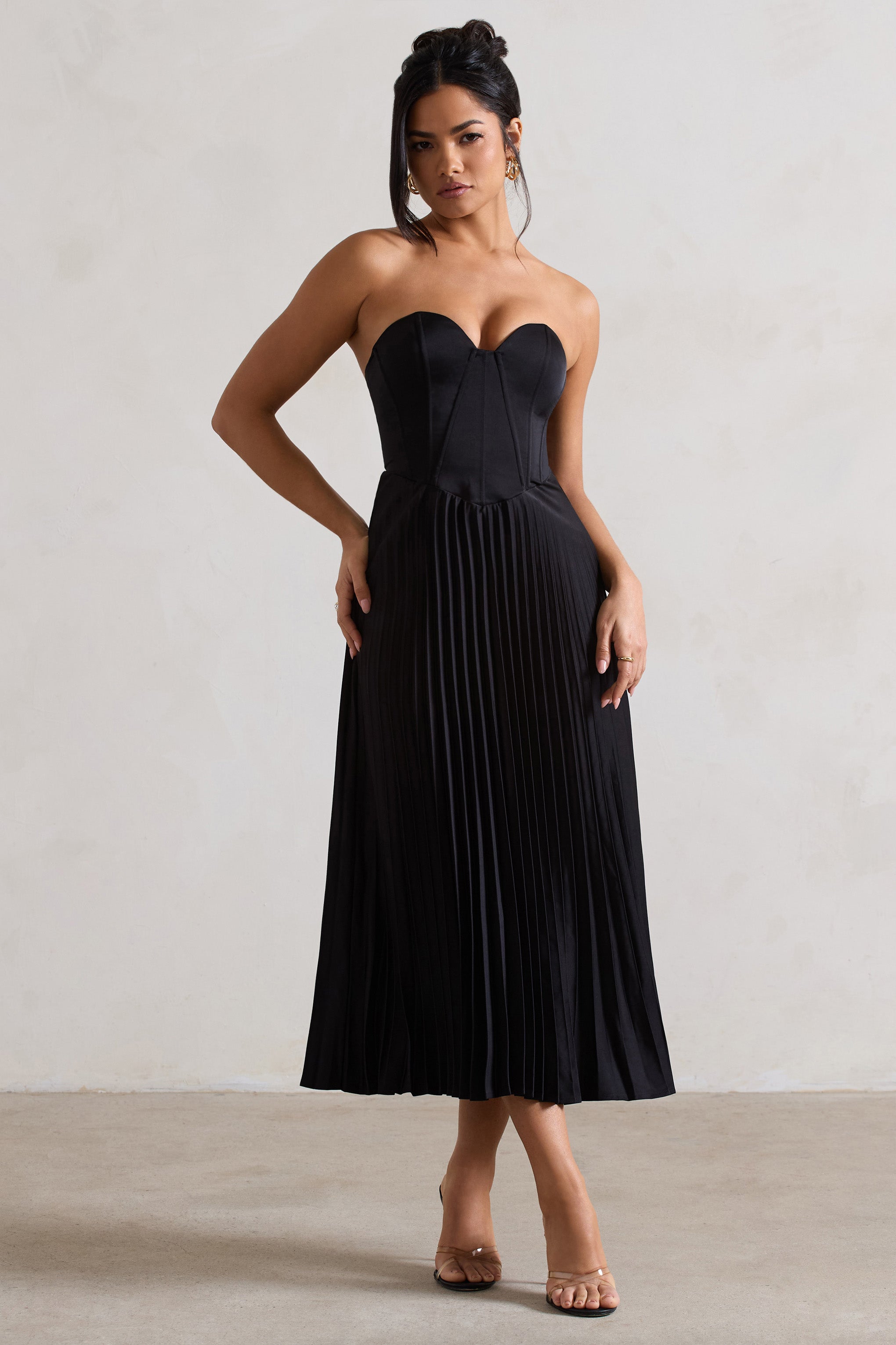 Bordeaux | Black Satin Corset Style Midi Dress-Sowoom