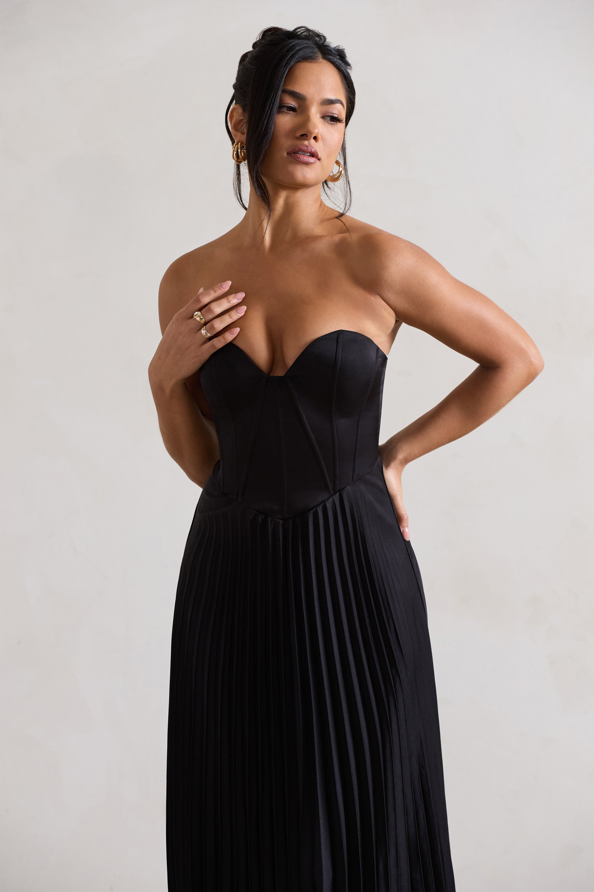 Bordeaux | Black Satin Corset Style Midi Dress-Sowoom