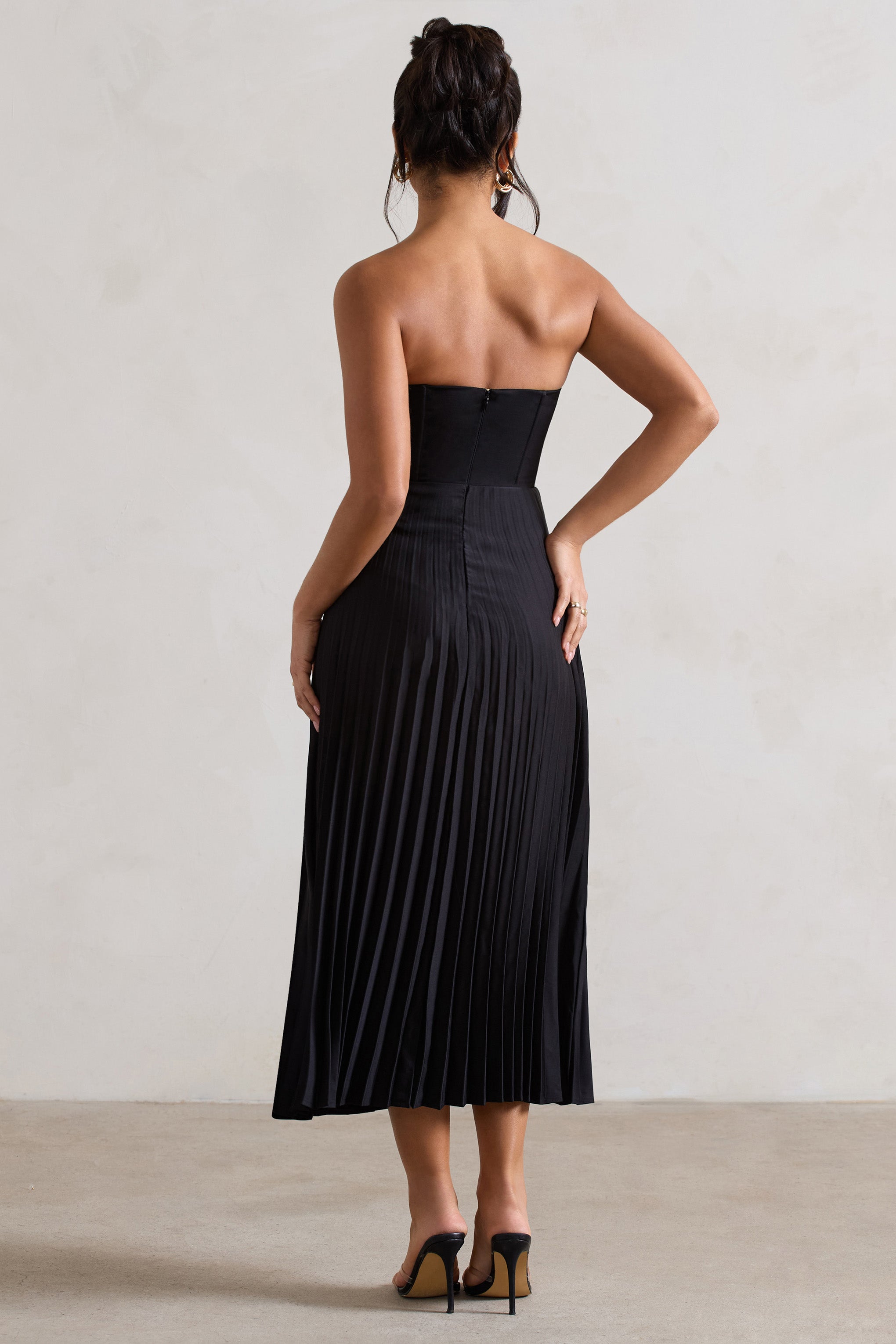 Bordeaux | Black Satin Corset Style Midi Dress-Sowoom