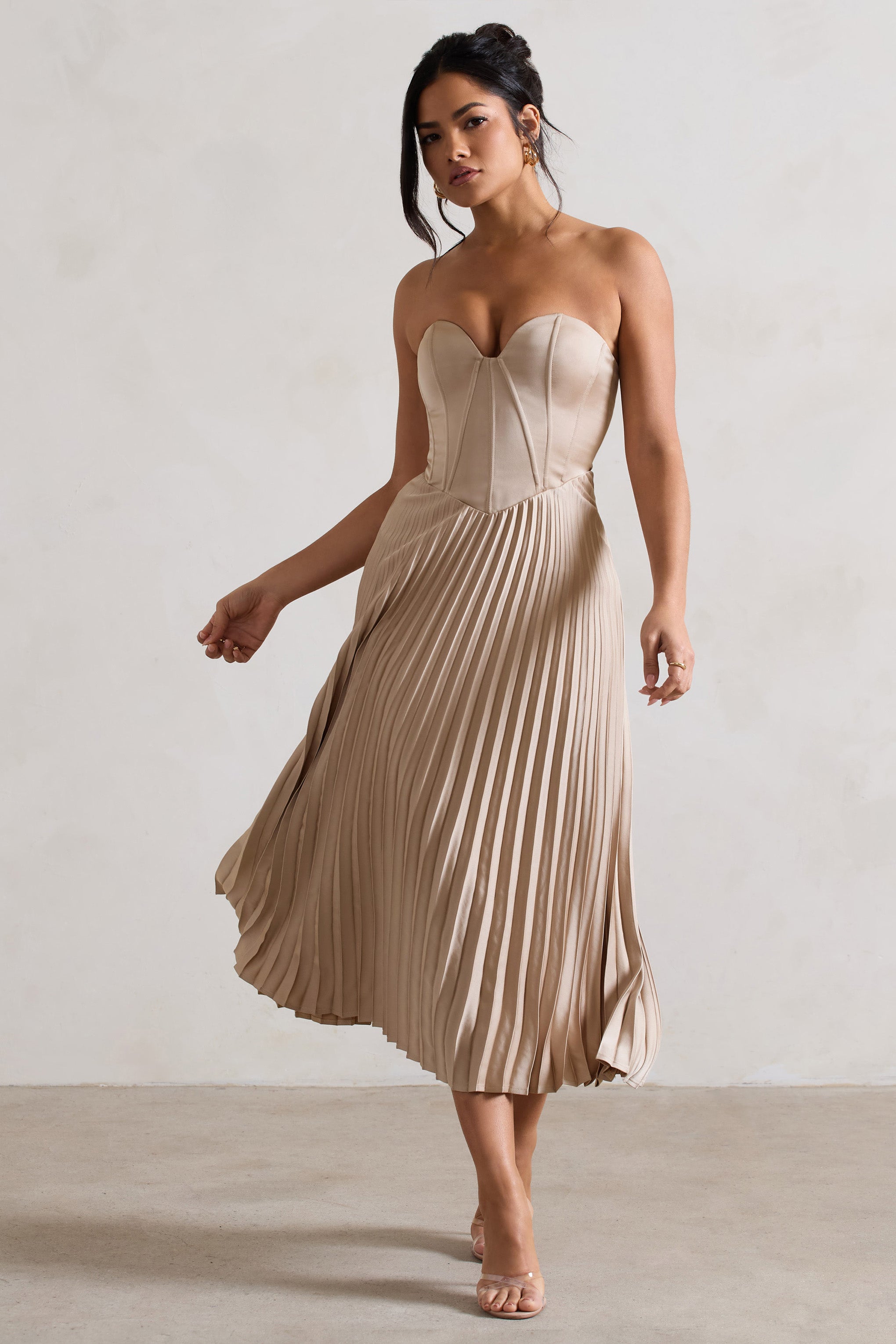 Bordeaux | Champagne Satin Corset Style Midi Dress-Sowoom