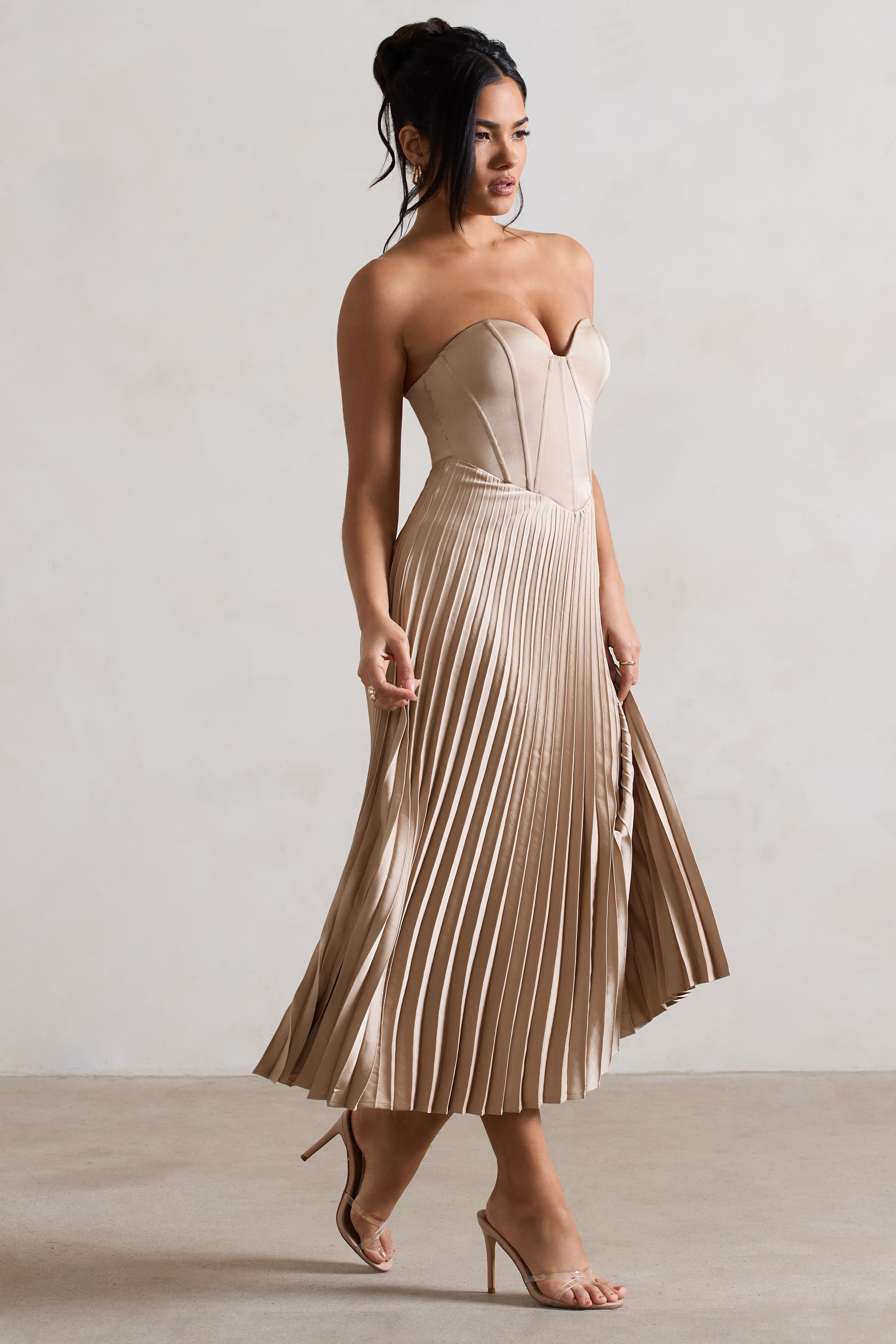 Bordeaux | Champagne Satin Corset Style Midi Dress-Sowoom