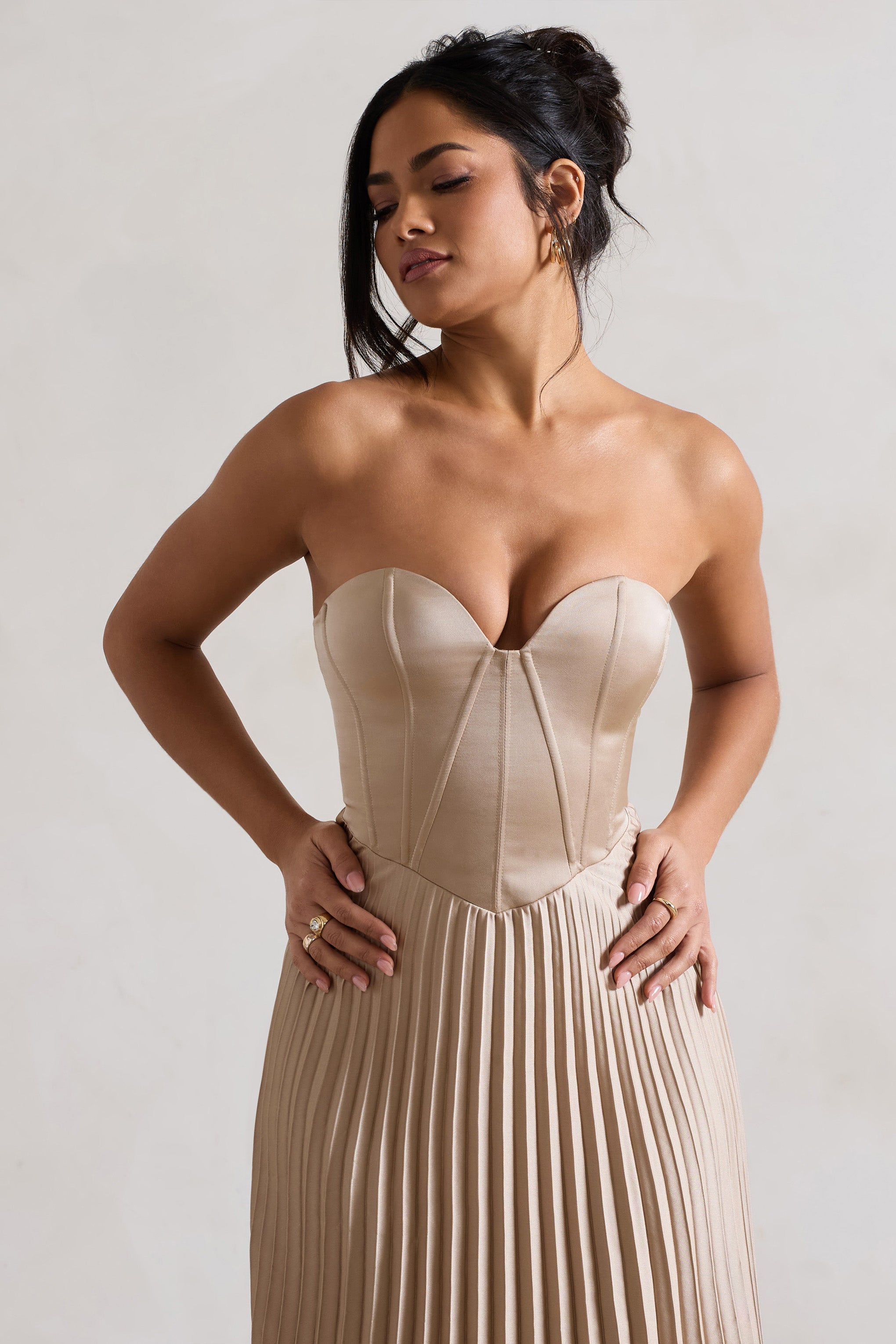 Bordeaux | Champagne Satin Corset Style Midi Dress-Sowoom