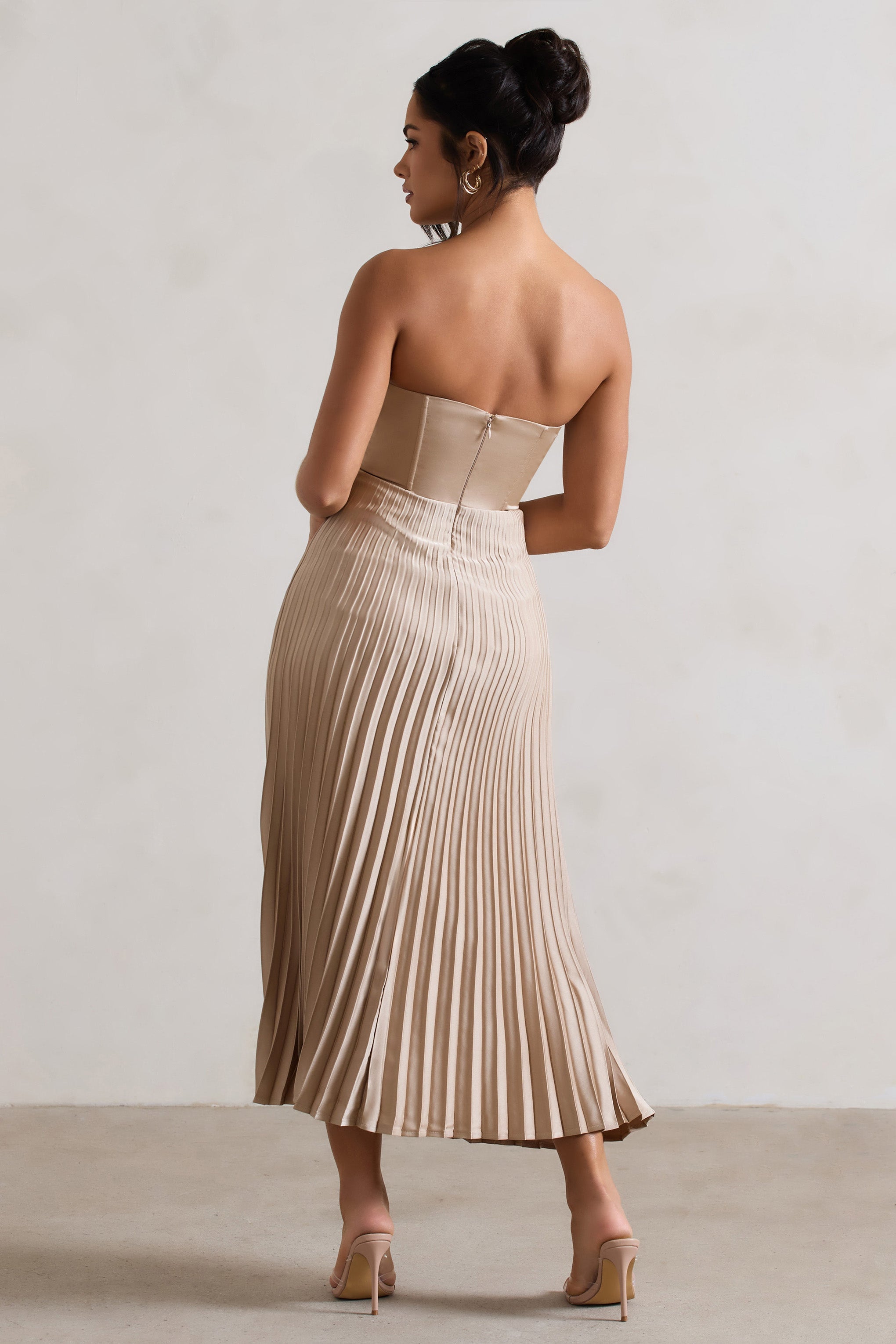 Bordeaux | Champagne Satin Corset Style Midi Dress-Sowoom