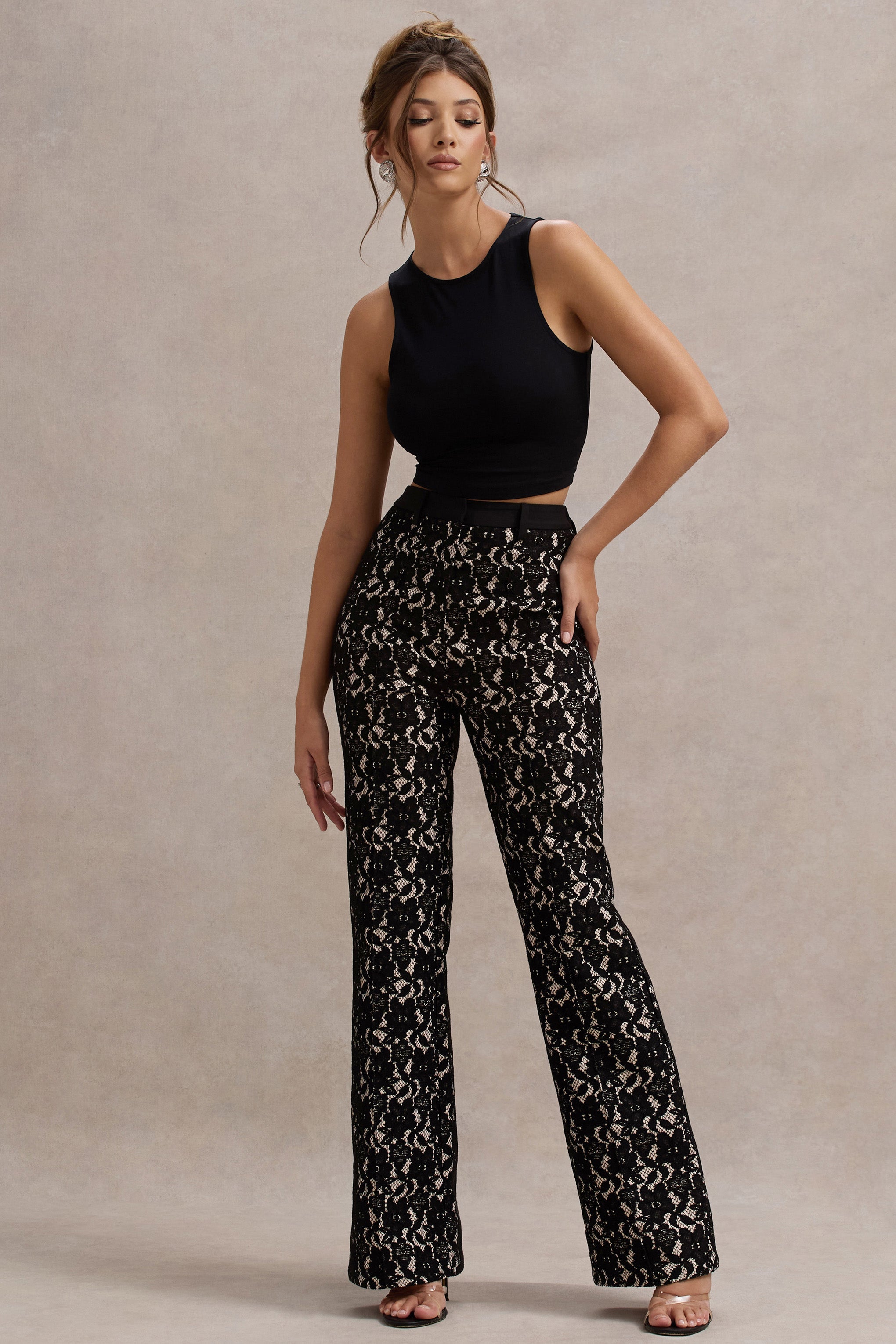 Jordanne | Black Lace Flared-Leg Trousers-Sowoom