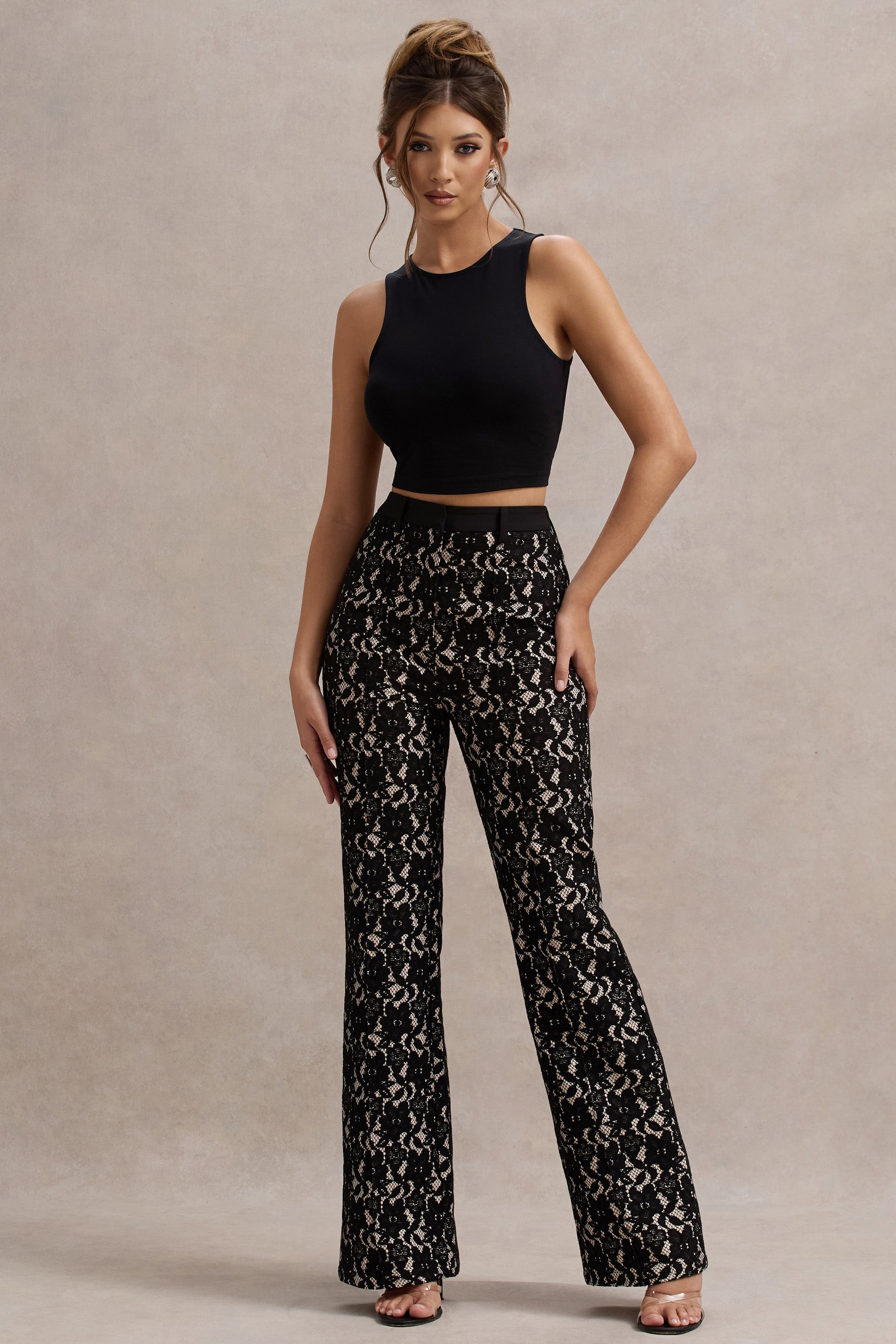 Jordanne | Black Lace Flared-Leg Trousers-Sowoom
