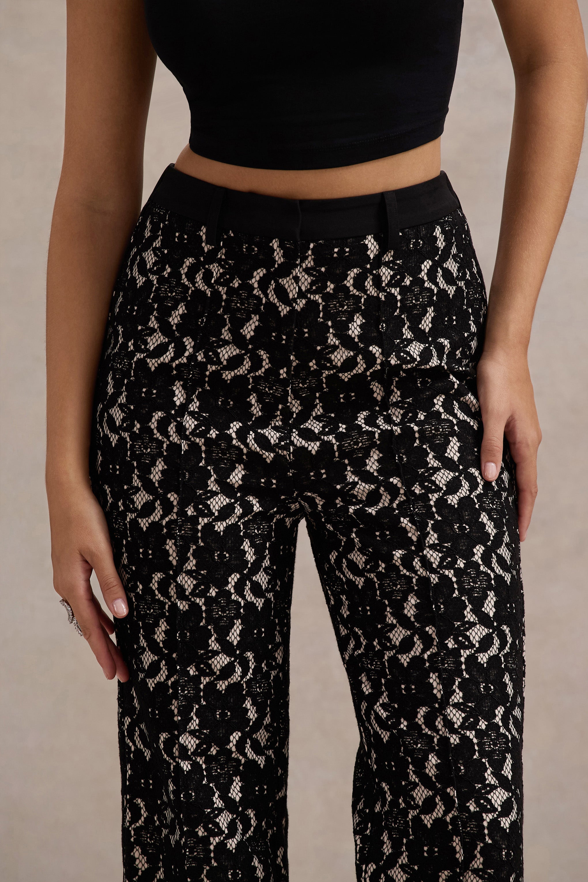 Jordanne | Black Lace Flared-Leg Trousers-Sowoom