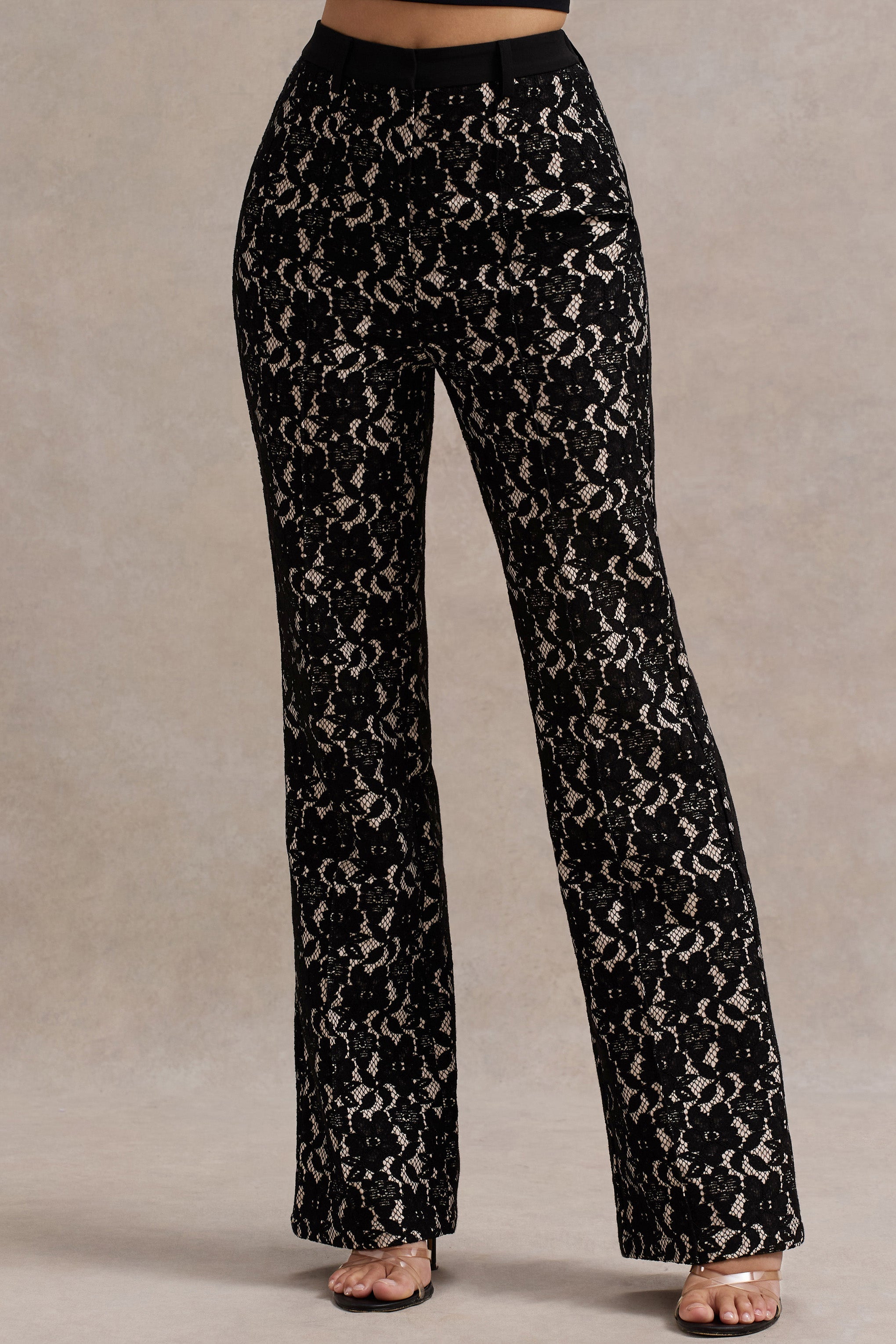 Jordanne | Black Lace Flared-Leg Trousers-Sowoom