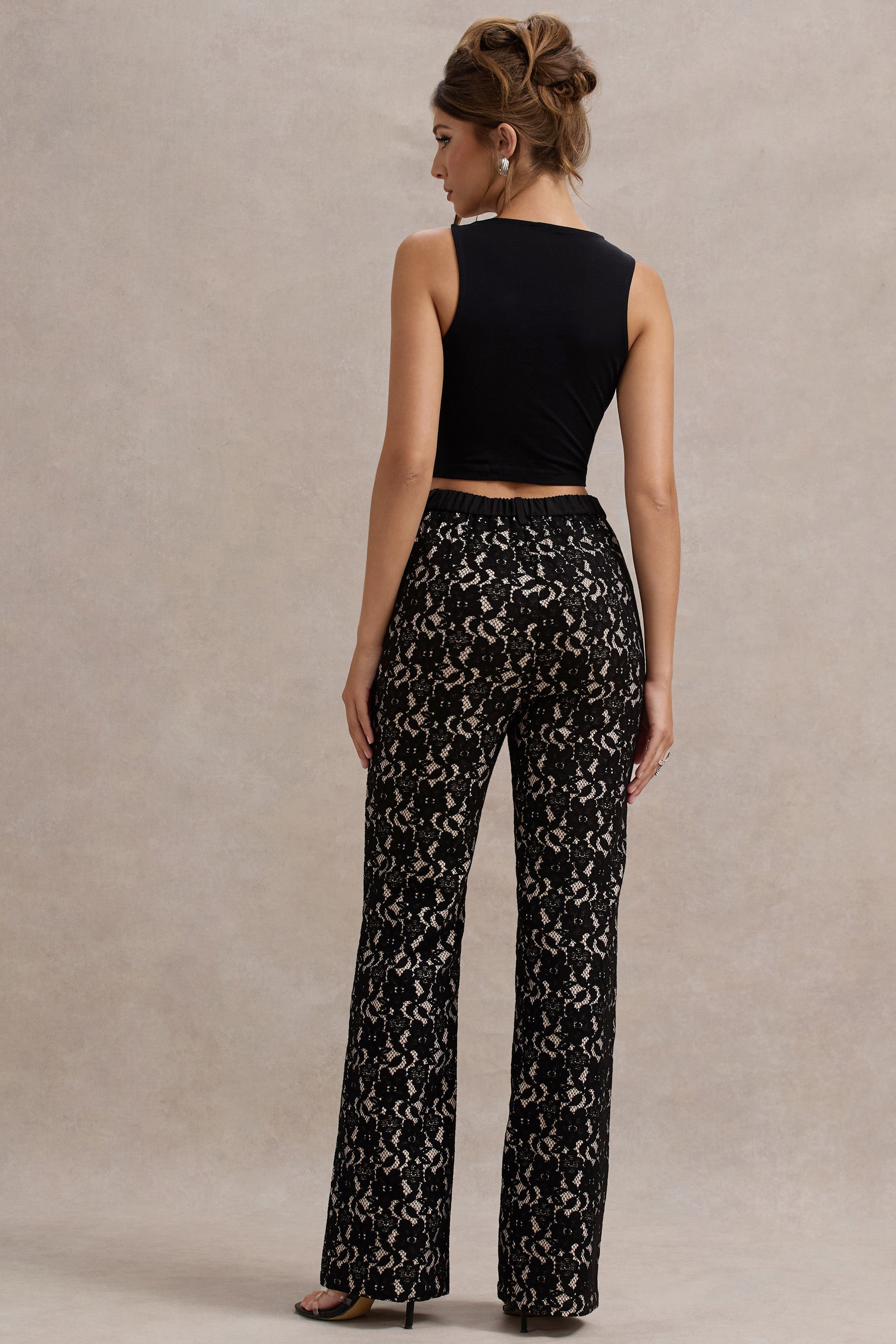 Jordanne | Black Lace Flared-Leg Trousers-Sowoom