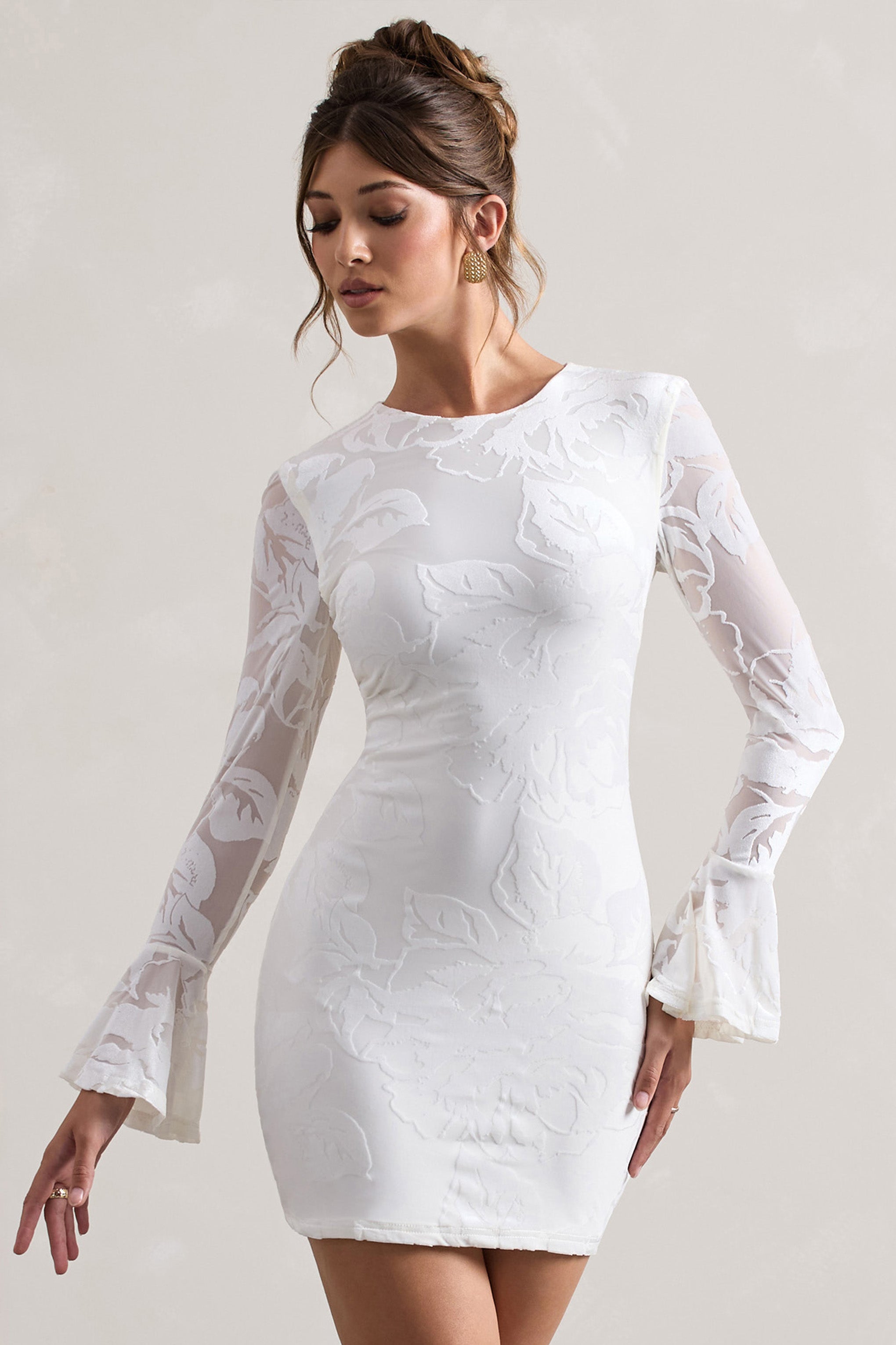 Della | White Bodycon Flared-Sleeve Micro Mini Dress-Sowoom