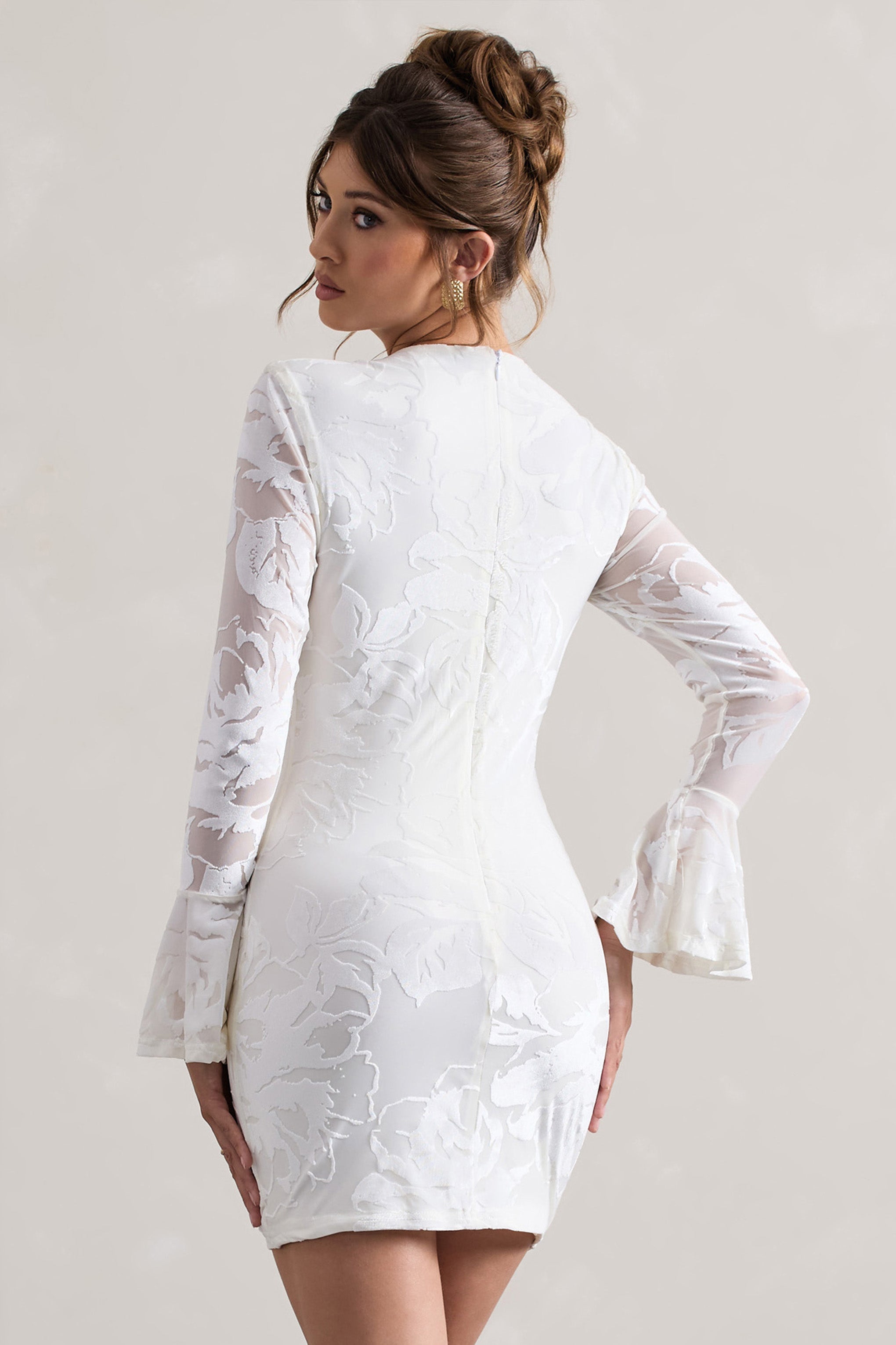 Della | White Bodycon Flared-Sleeve Micro Mini Dress-Sowoom