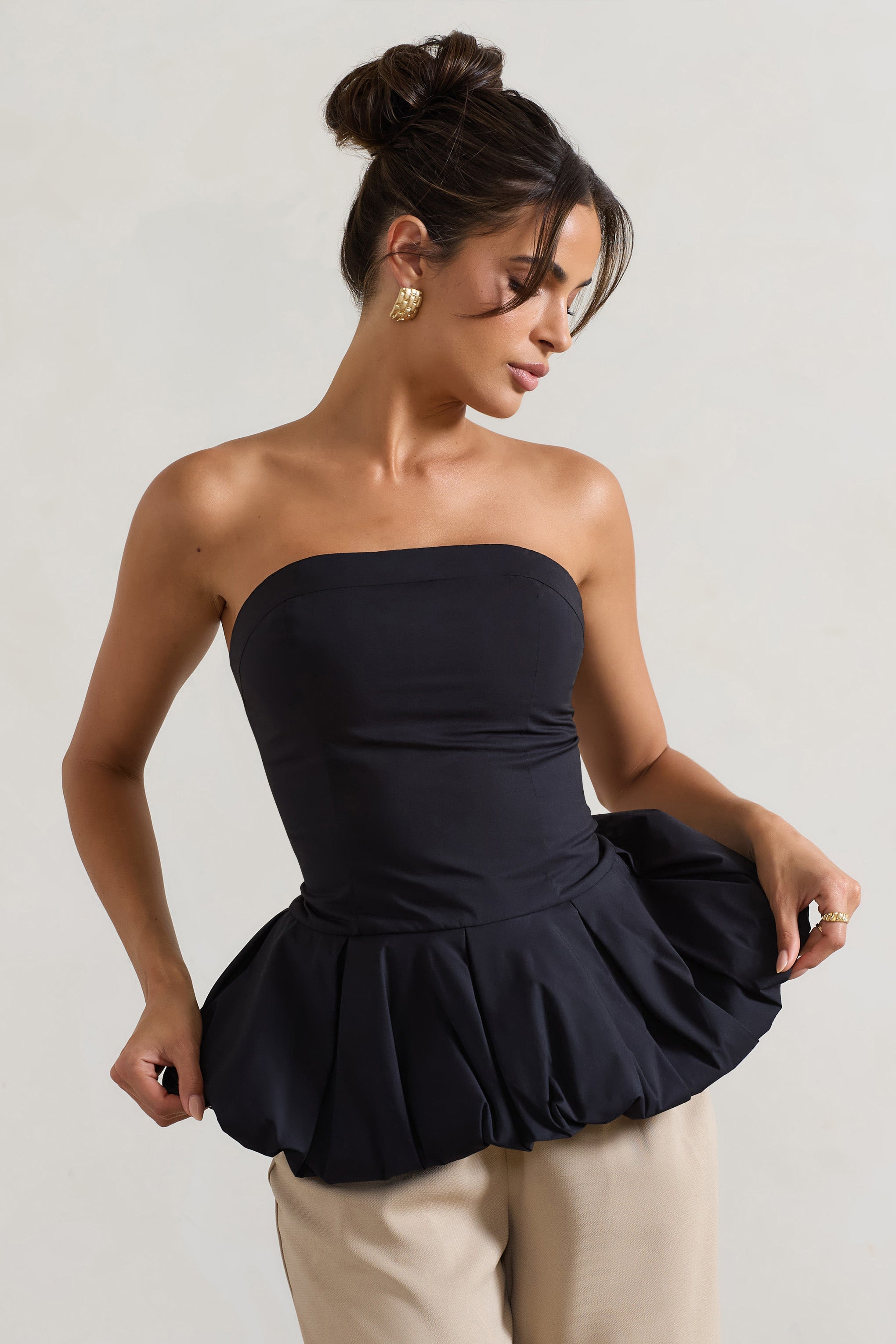 Roll With It | Black Bandeau Ruffle Top-Sowoom