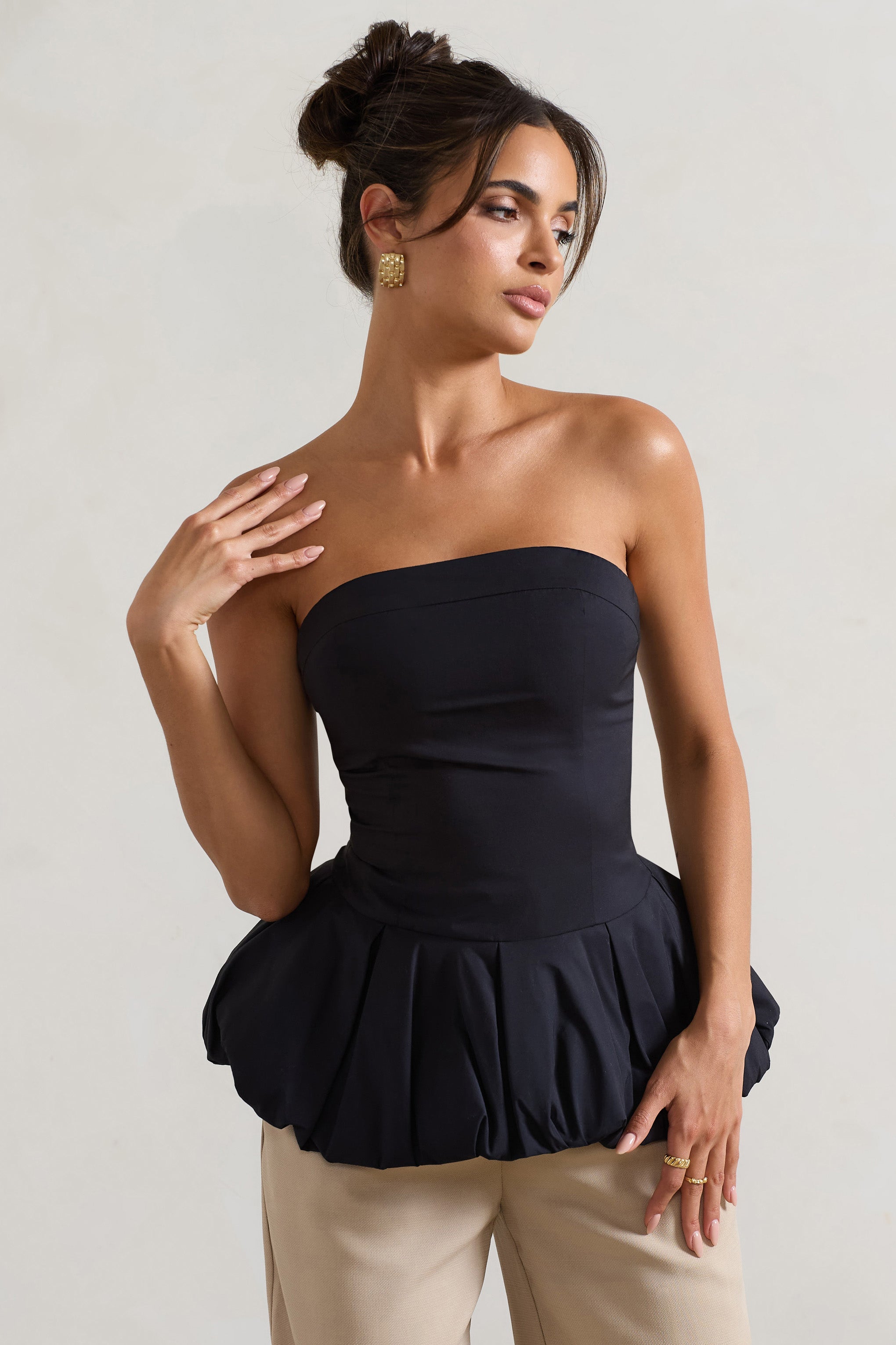 Roll With It | Black Bandeau Ruffle Top-Sowoom