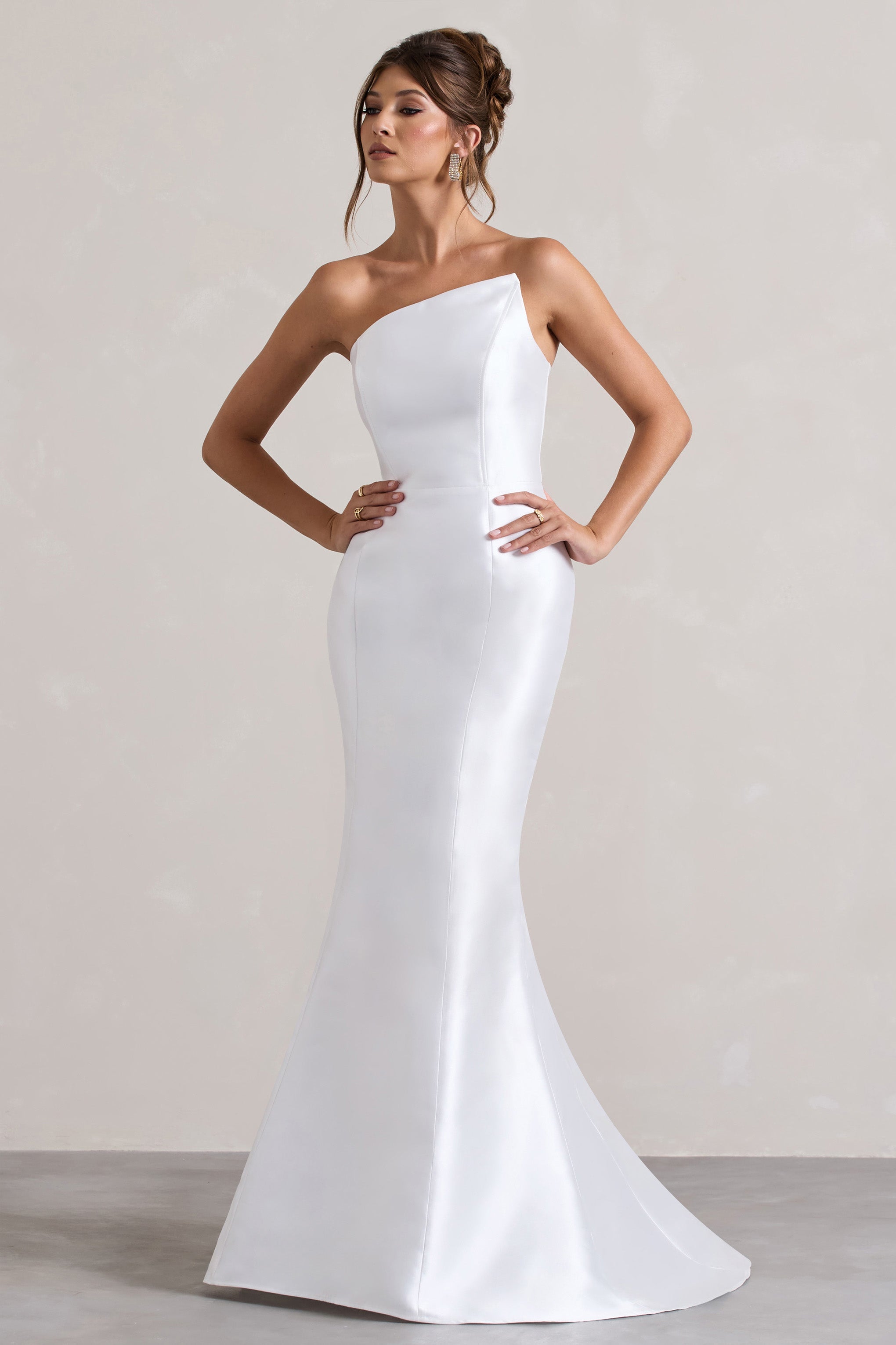 Define | White Satin Asymmetric Fishtail Maxi Dress-Sowoom