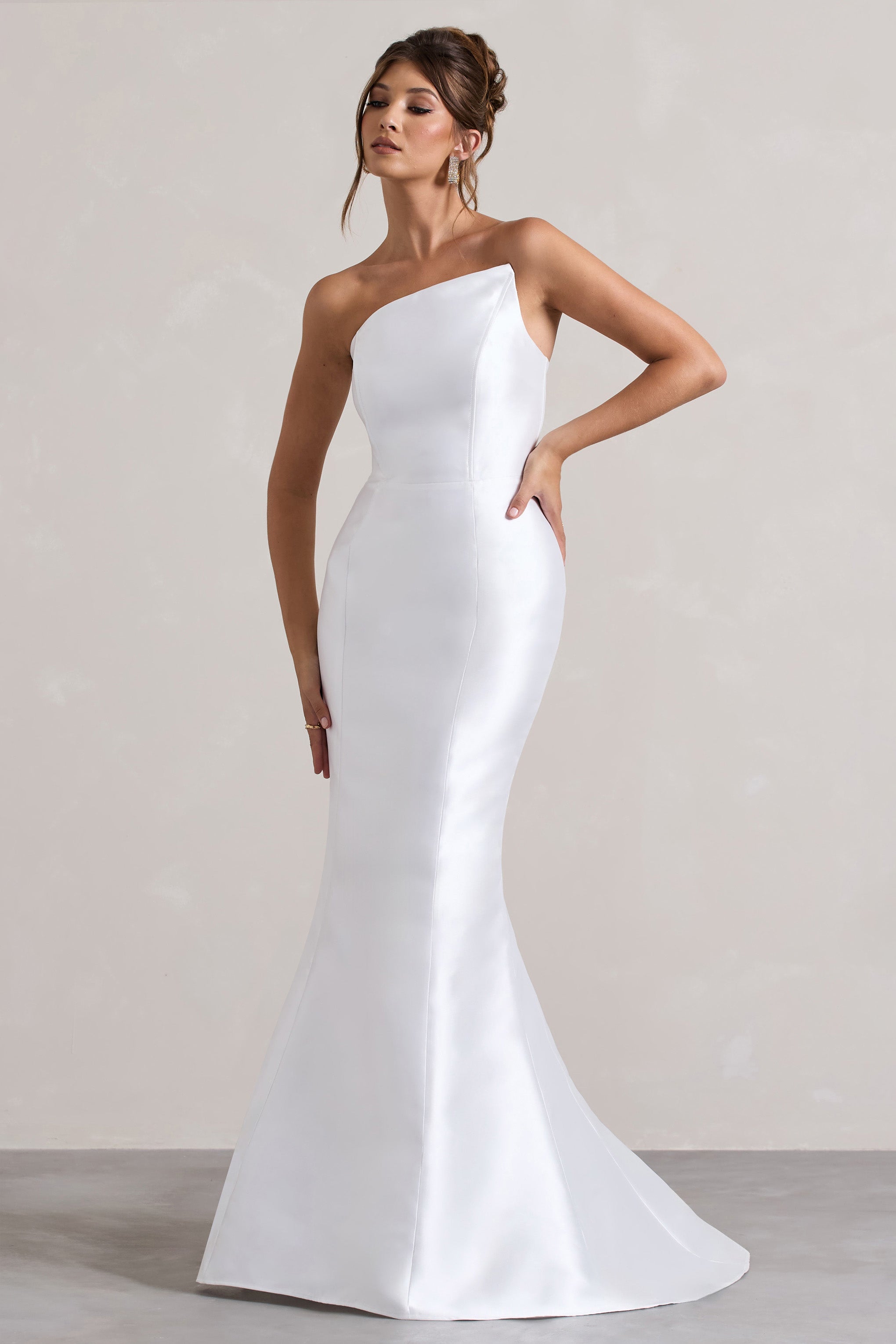 Define | White Satin Asymmetric Fishtail Maxi Dress-Sowoom