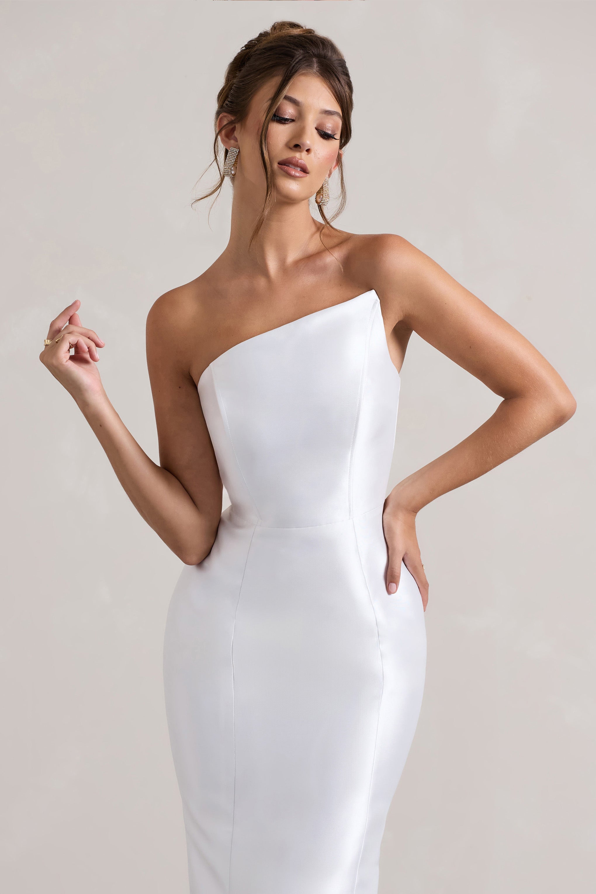Define | White Satin Asymmetric Fishtail Maxi Dress-Sowoom