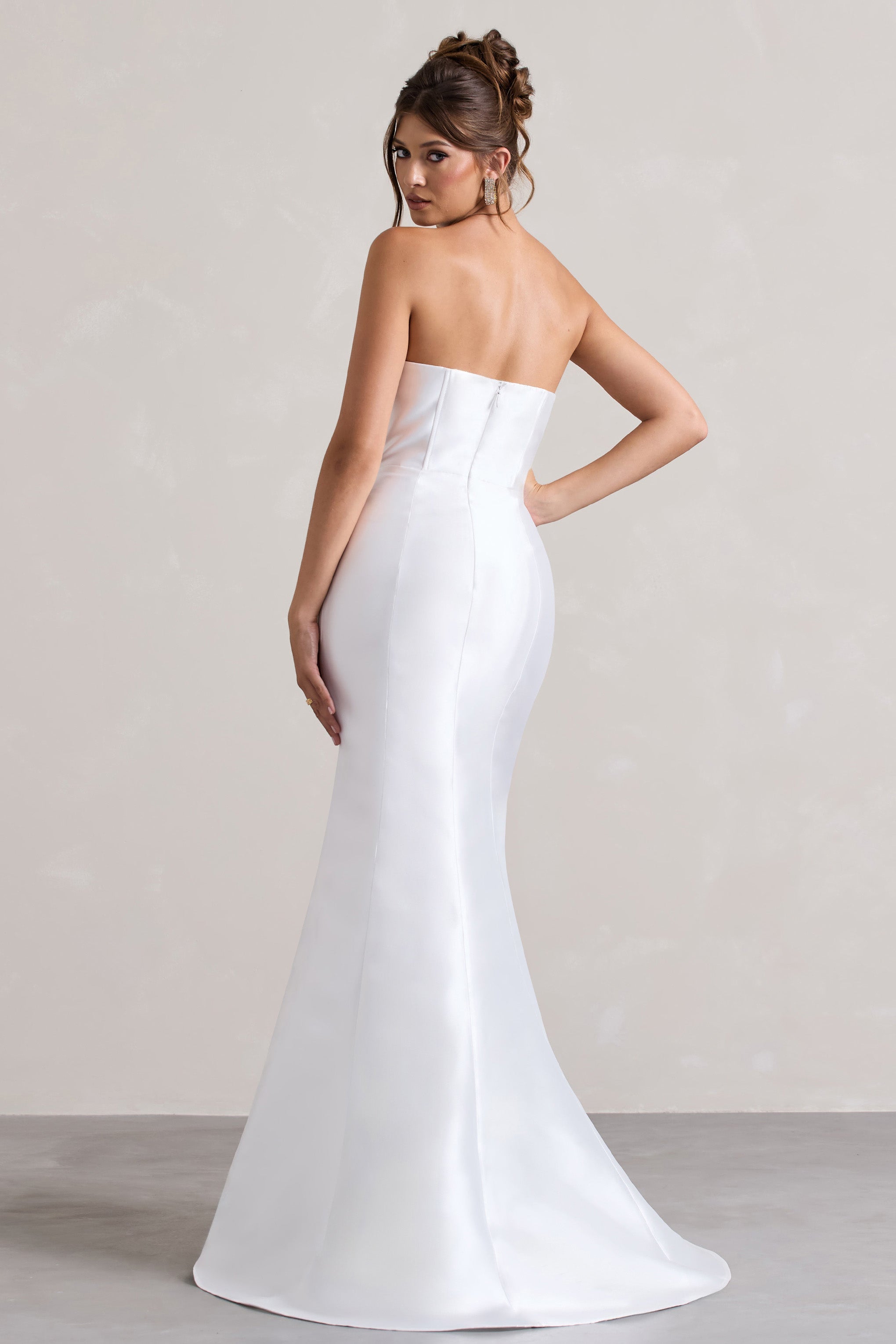 Define | White Satin Asymmetric Fishtail Maxi Dress-Sowoom