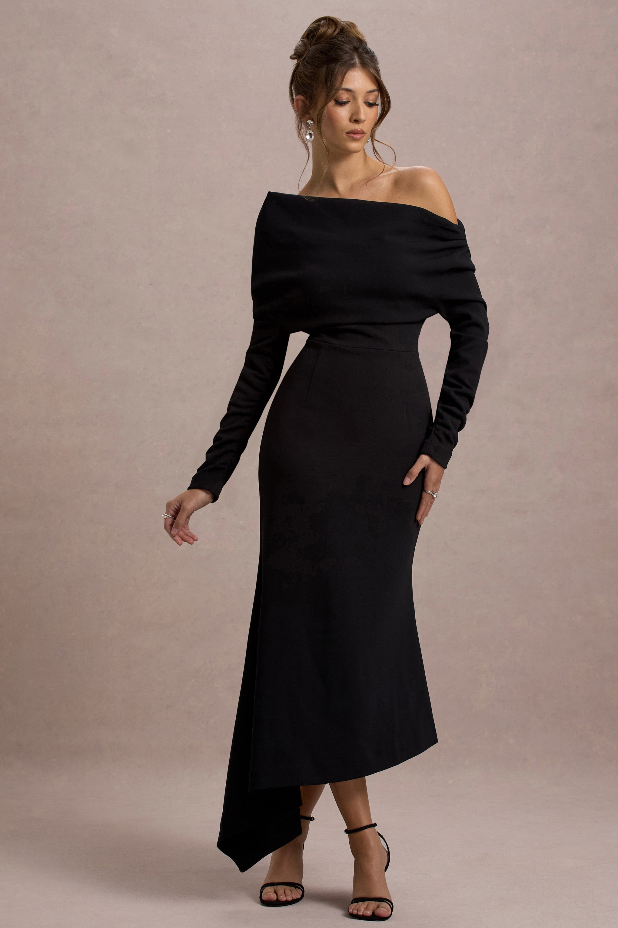 Lou | Black One-Shoulder Asymmetric Maxi Dress-Sowoom
