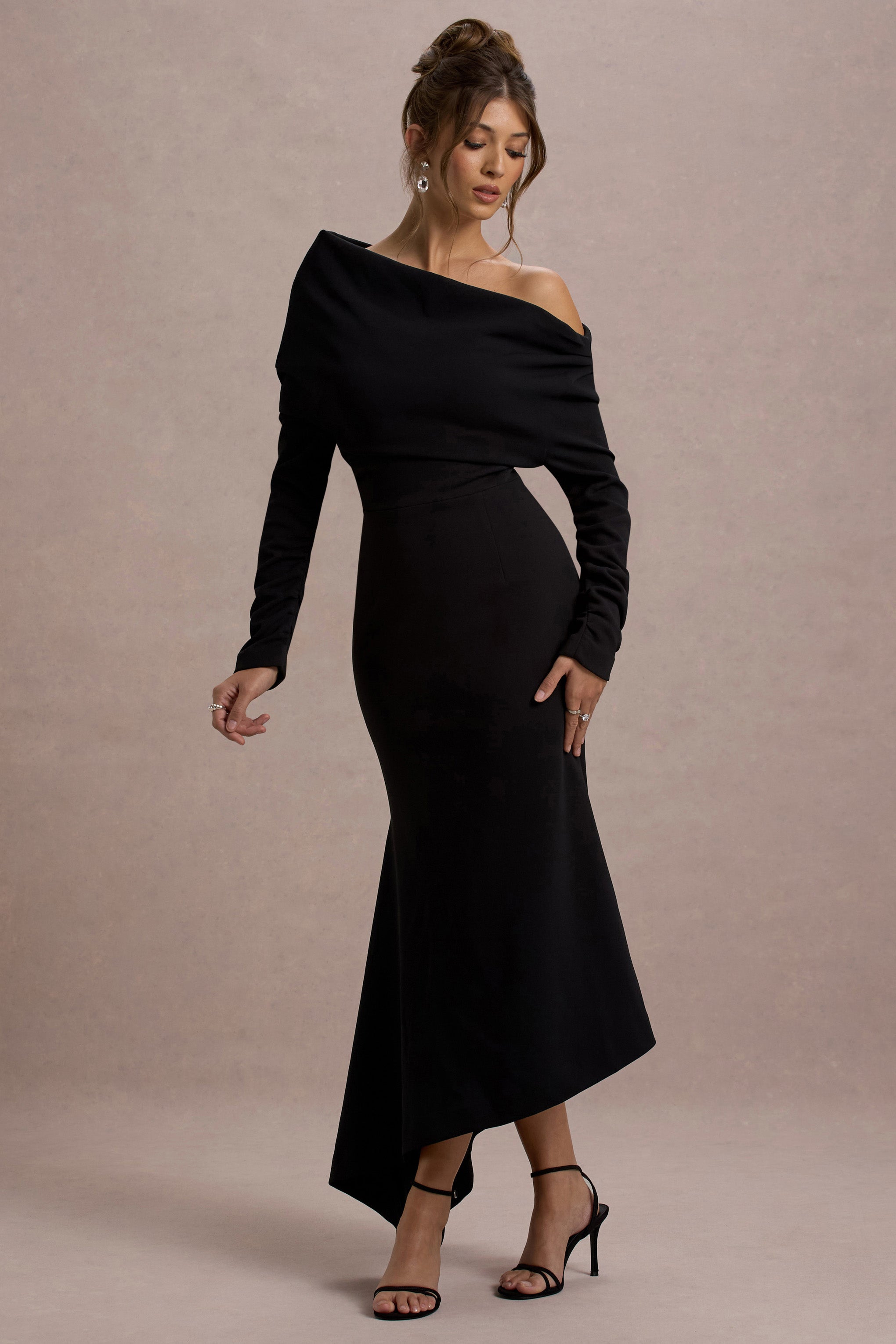Lou | Black One-Shoulder Asymmetric Maxi Dress-Sowoom