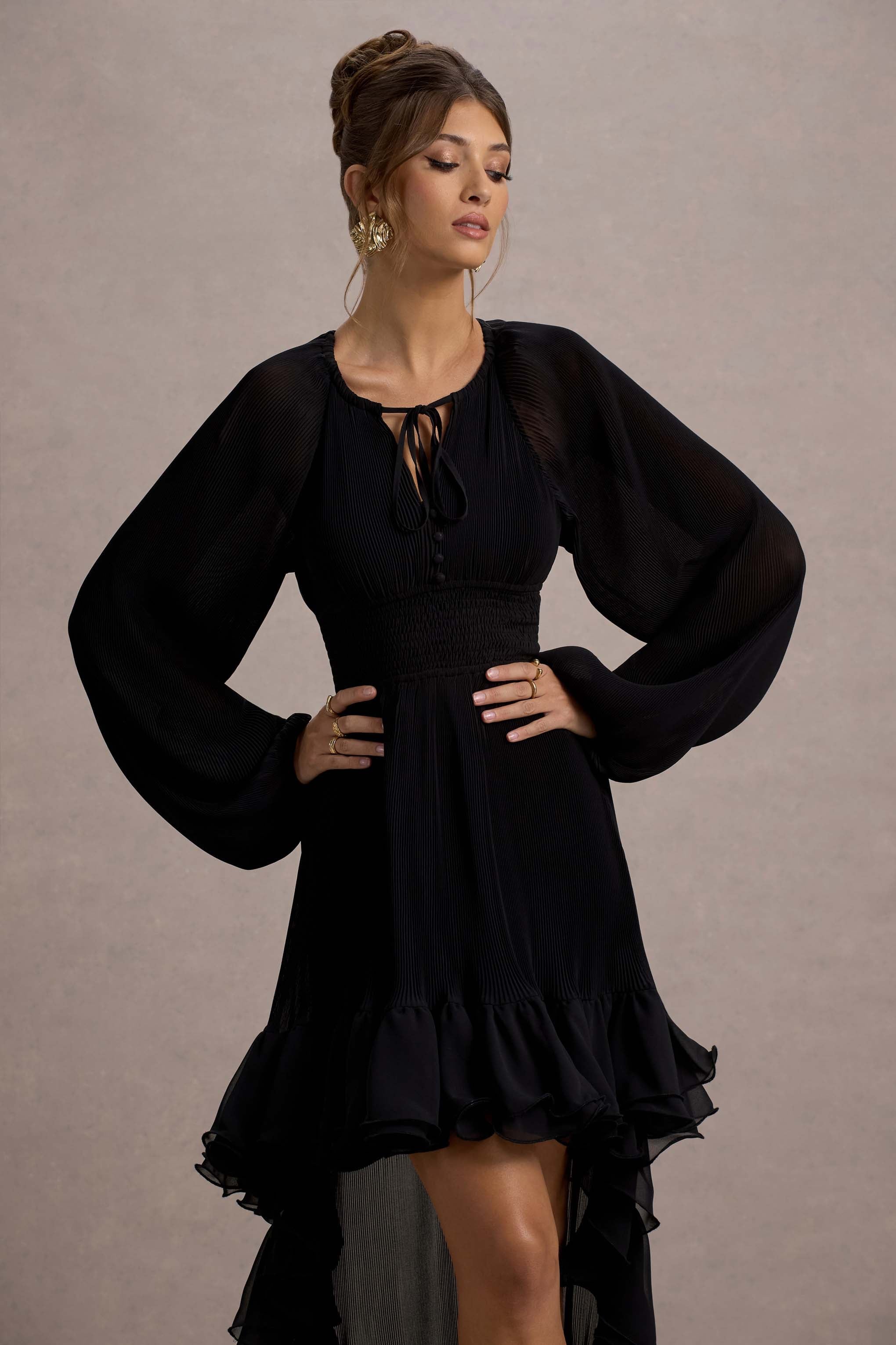 Namir | Black High-Low Chiffon Maxi Dress-Sowoom