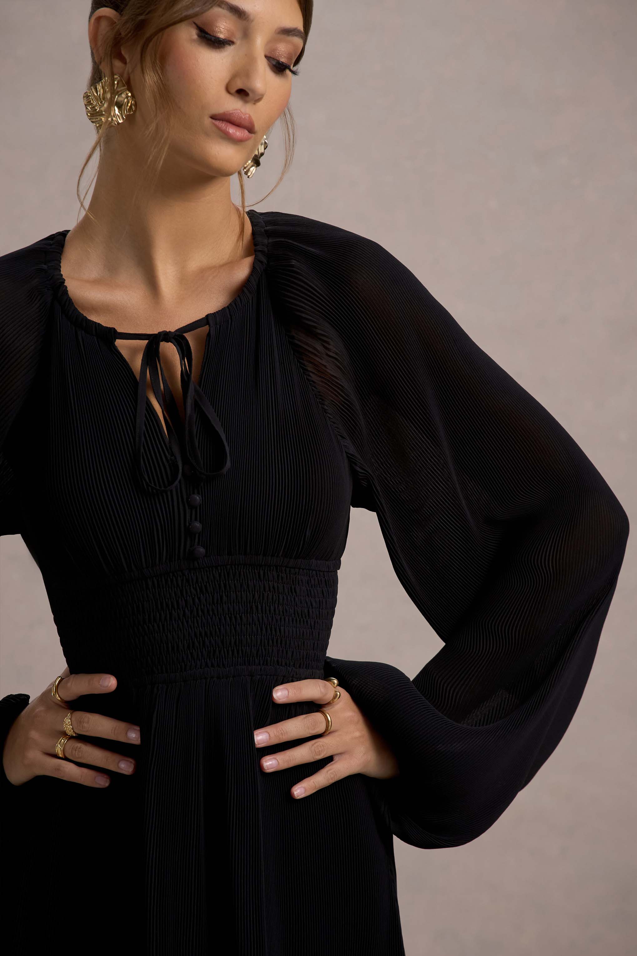 Namir | Black High-Low Chiffon Maxi Dress-Sowoom