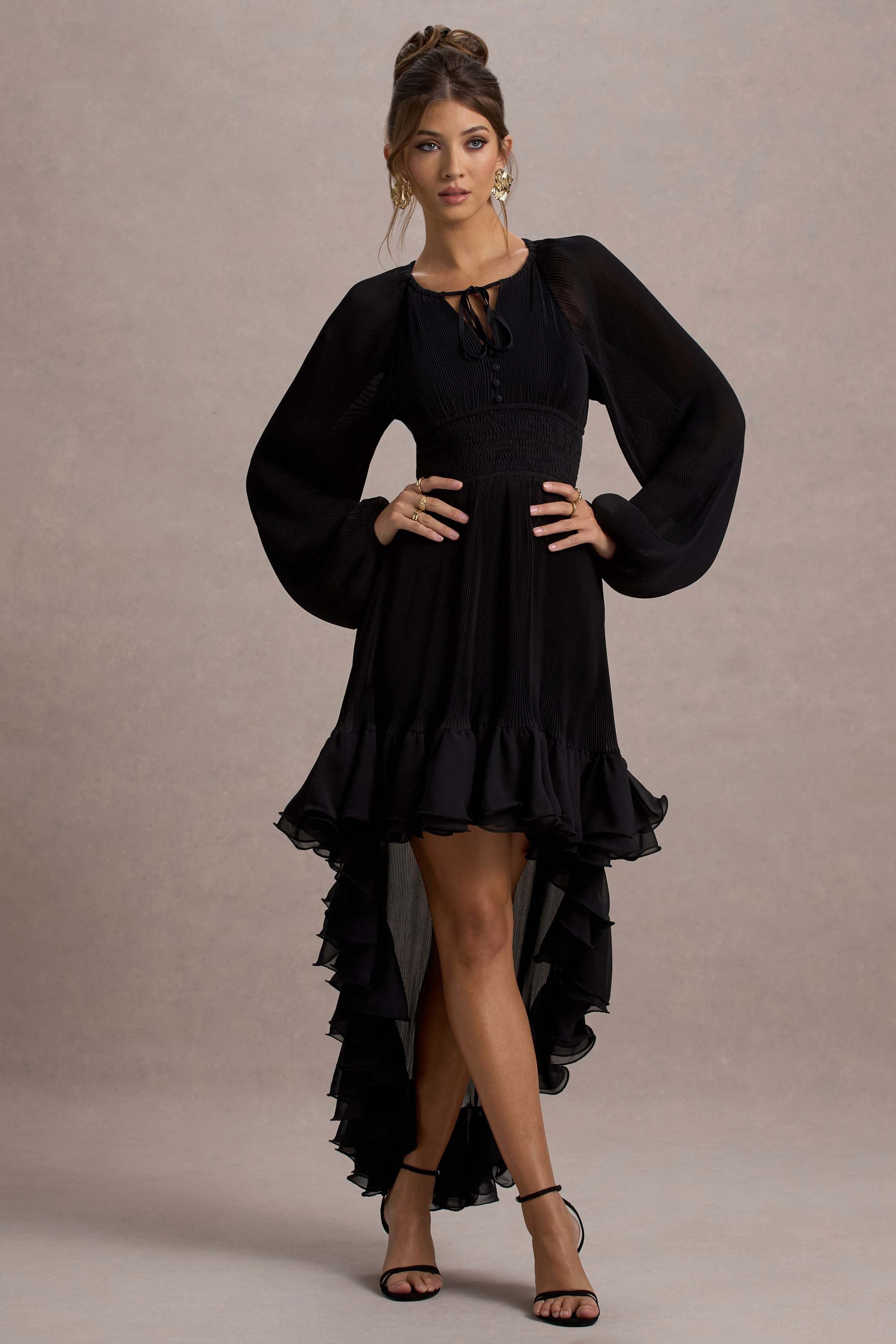 Namir | Black High-Low Chiffon Maxi Dress-Sowoom
