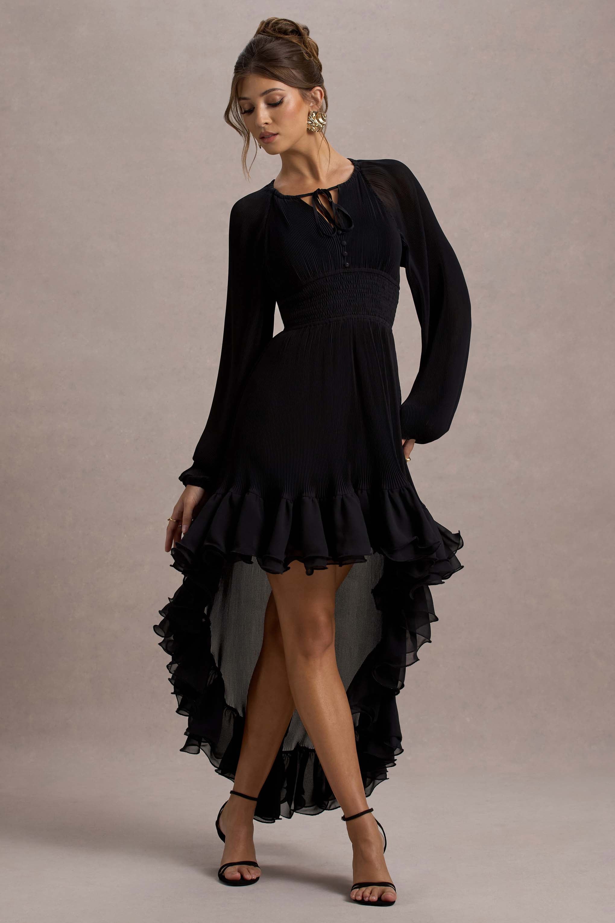 Namir | Black High-Low Chiffon Maxi Dress-Sowoom
