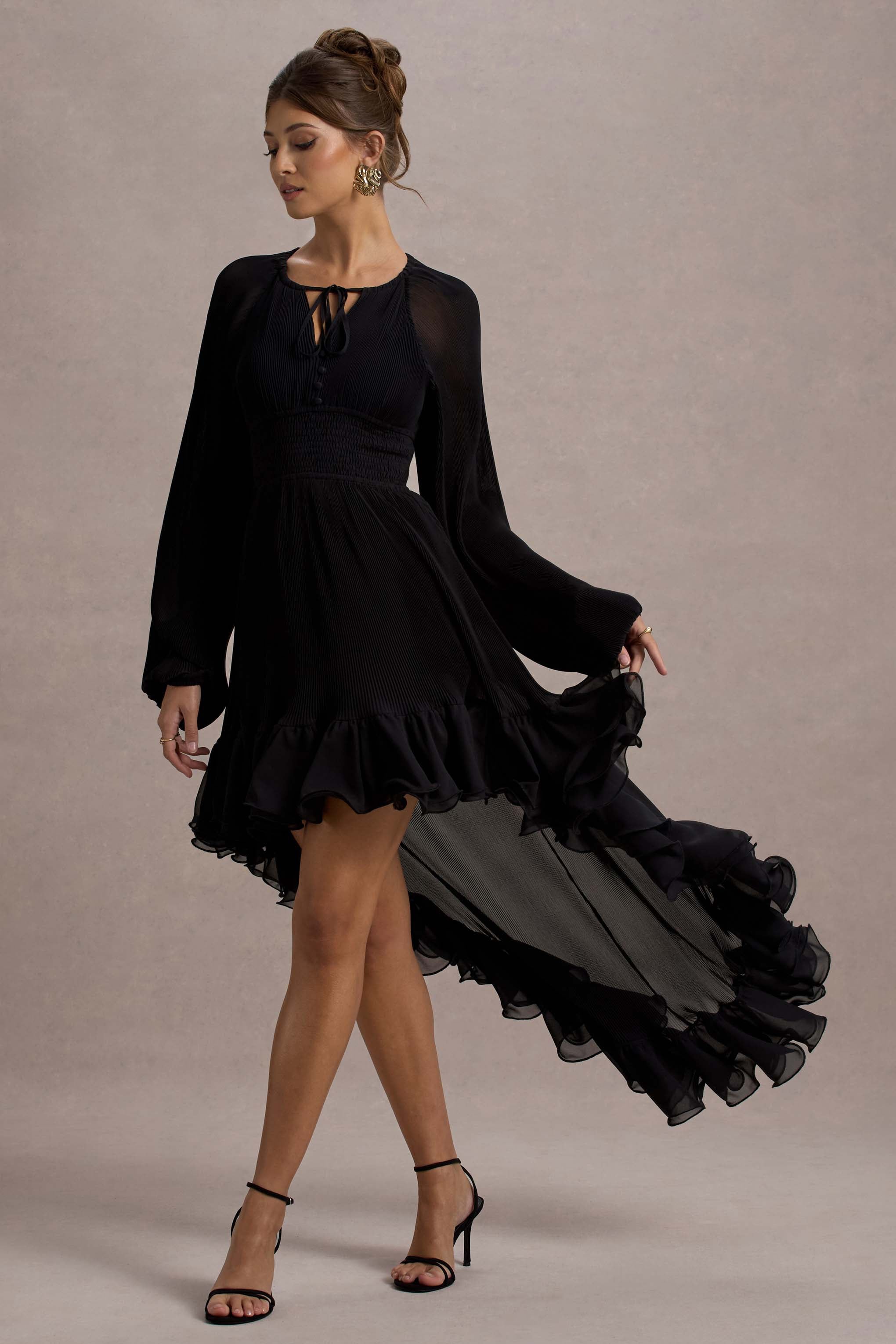 Namir | Black High-Low Chiffon Maxi Dress-Sowoom