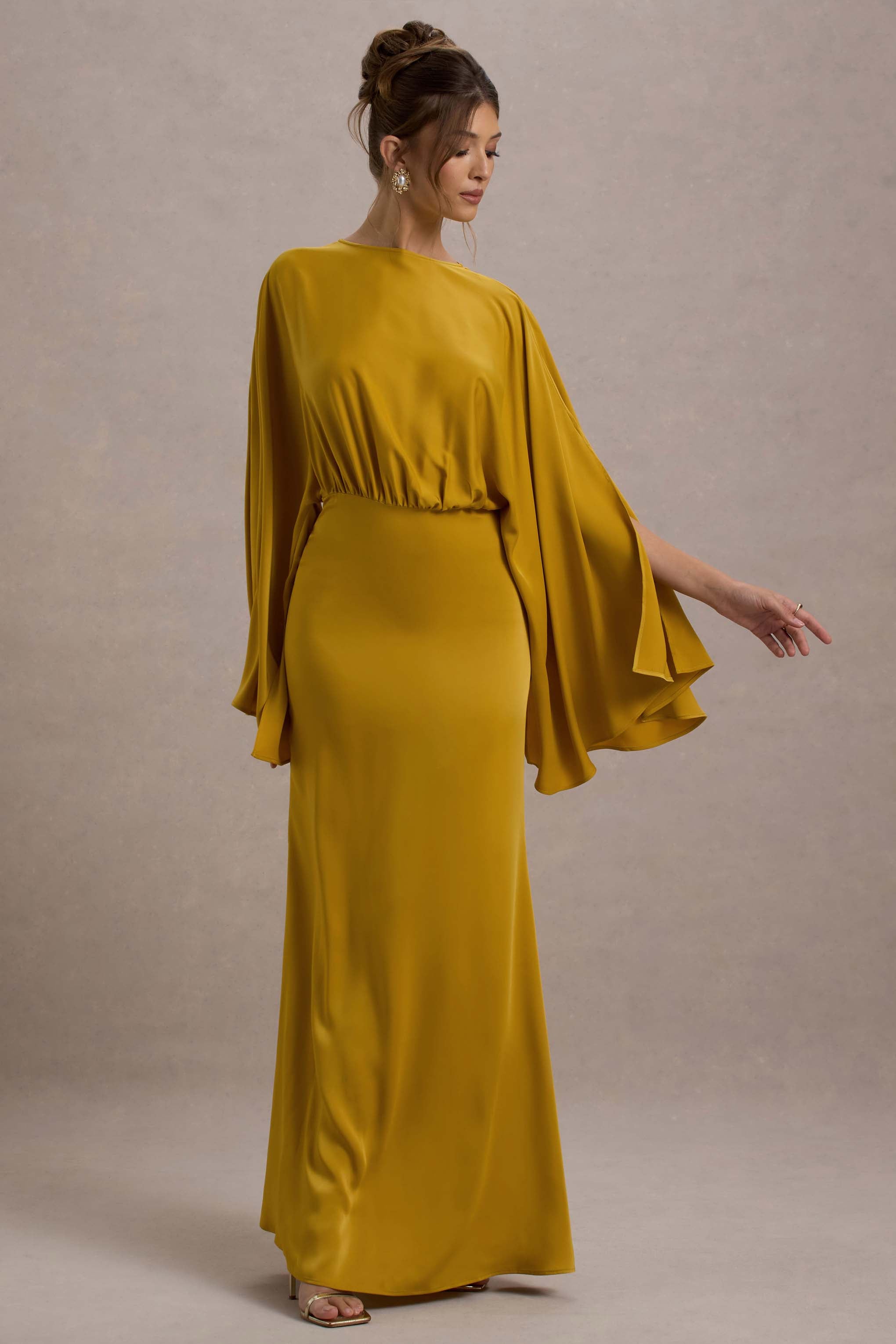 Zuzanna | Mustard Draped Maxi Dress With Cape Sleeves-Sowoom