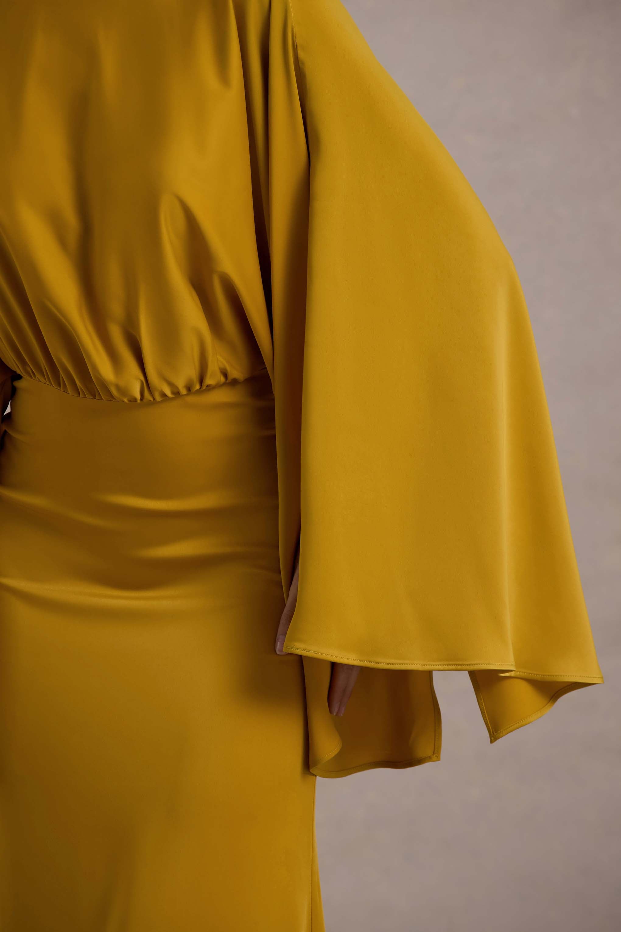 Zuzanna | Mustard Draped Maxi Dress With Cape Sleeves-Sowoom