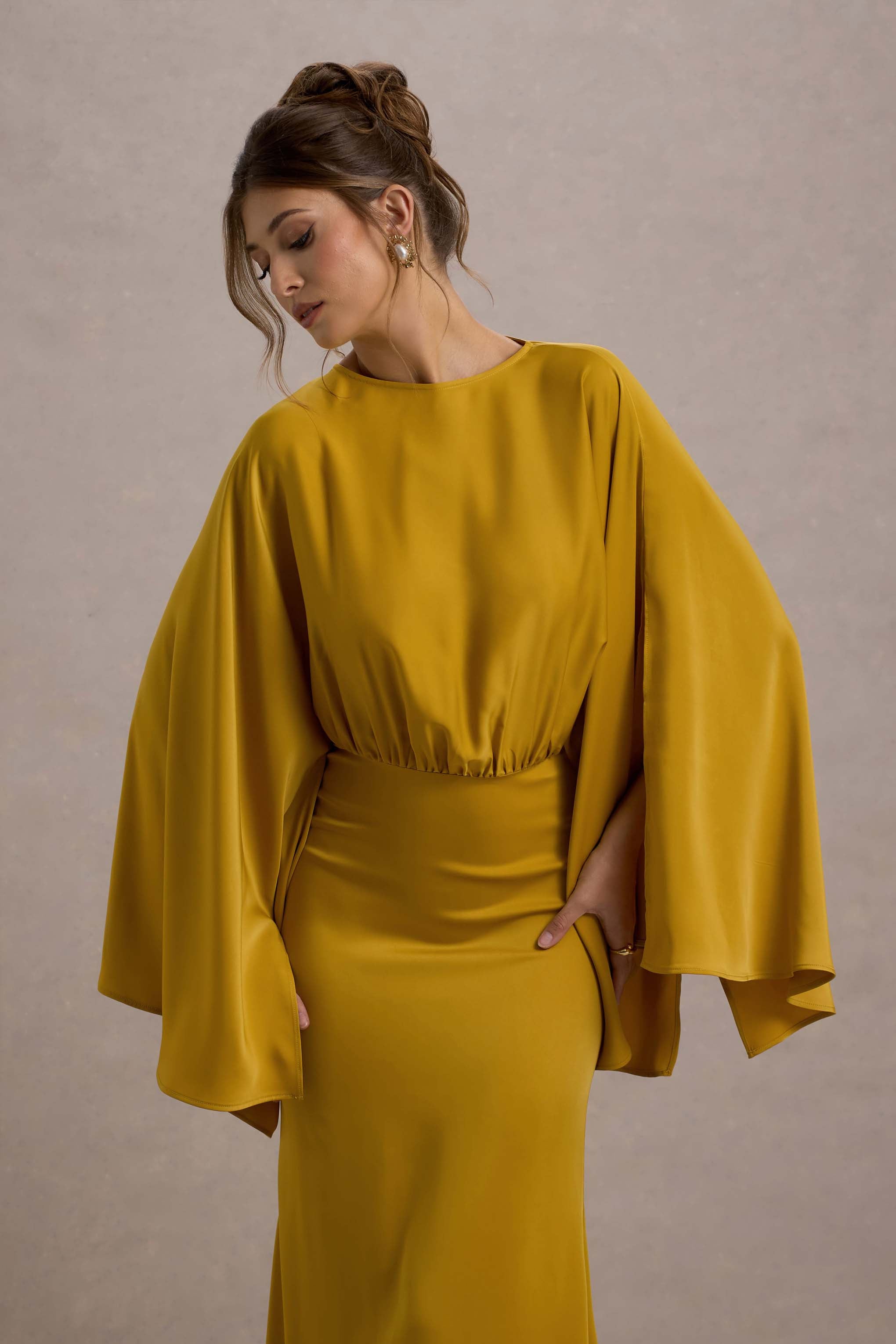 Zuzanna | Mustard Draped Maxi Dress With Cape Sleeves-Sowoom