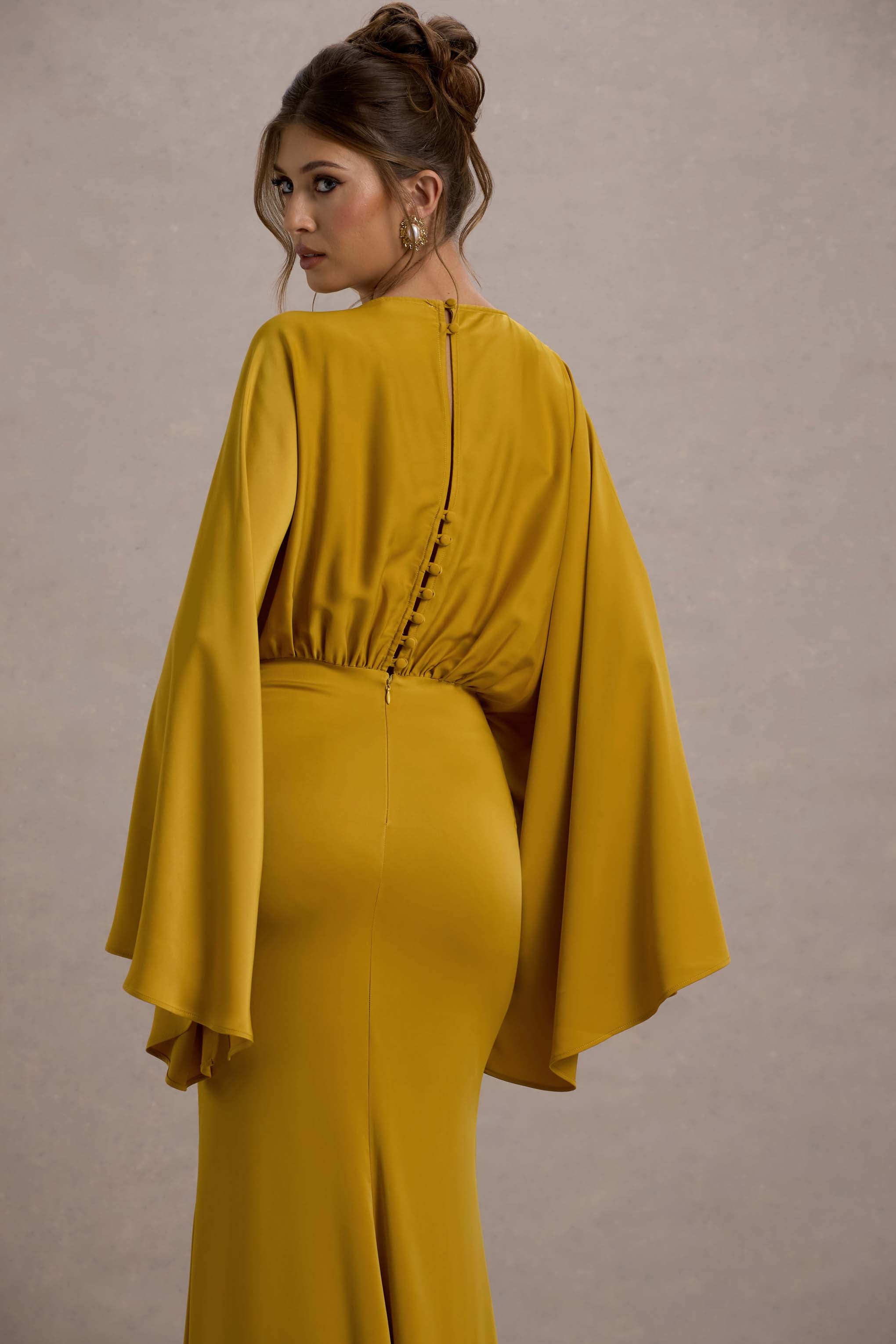 Zuzanna | Mustard Draped Maxi Dress With Cape Sleeves-Sowoom