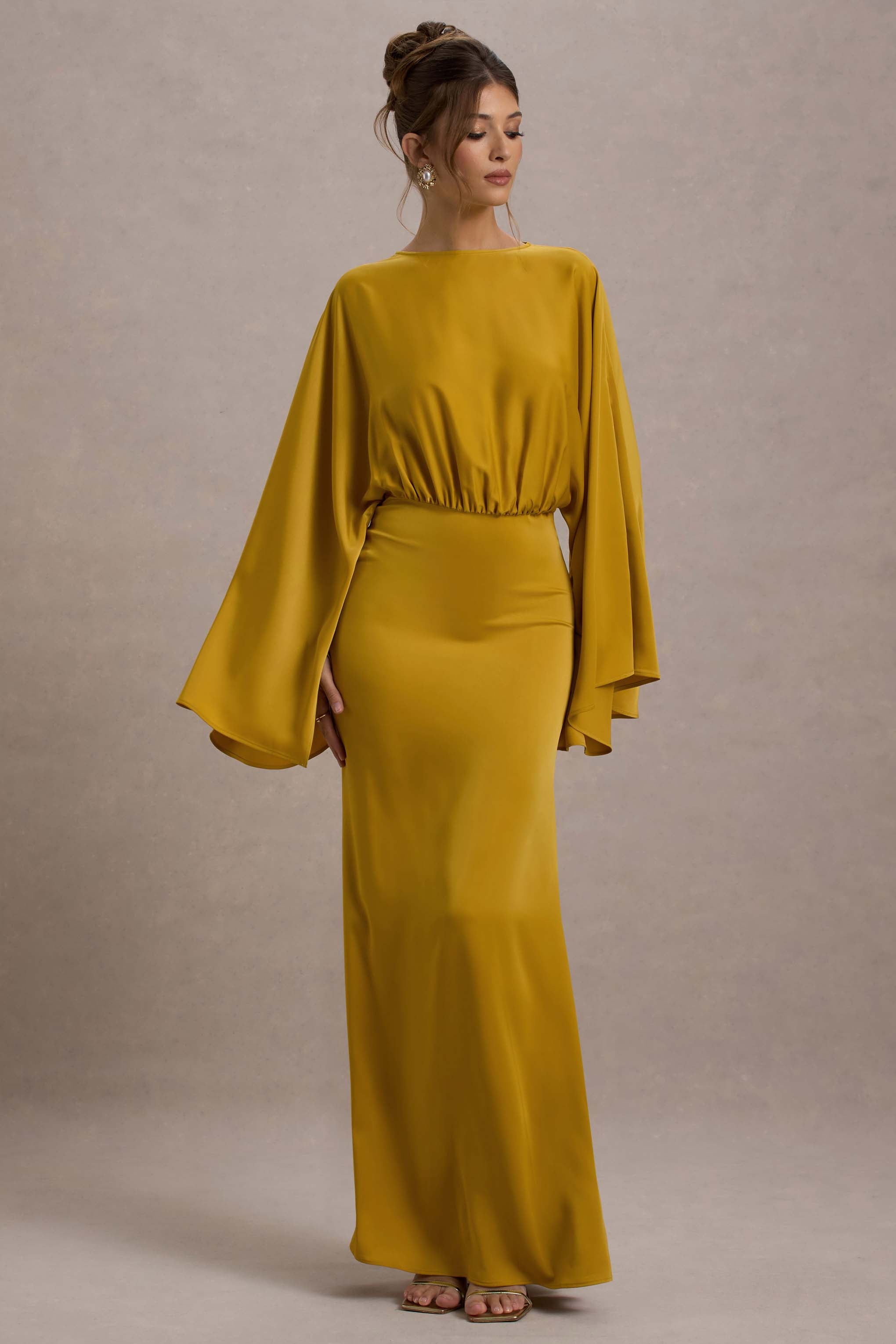 Zuzanna | Mustard Draped Maxi Dress With Cape Sleeves-Sowoom