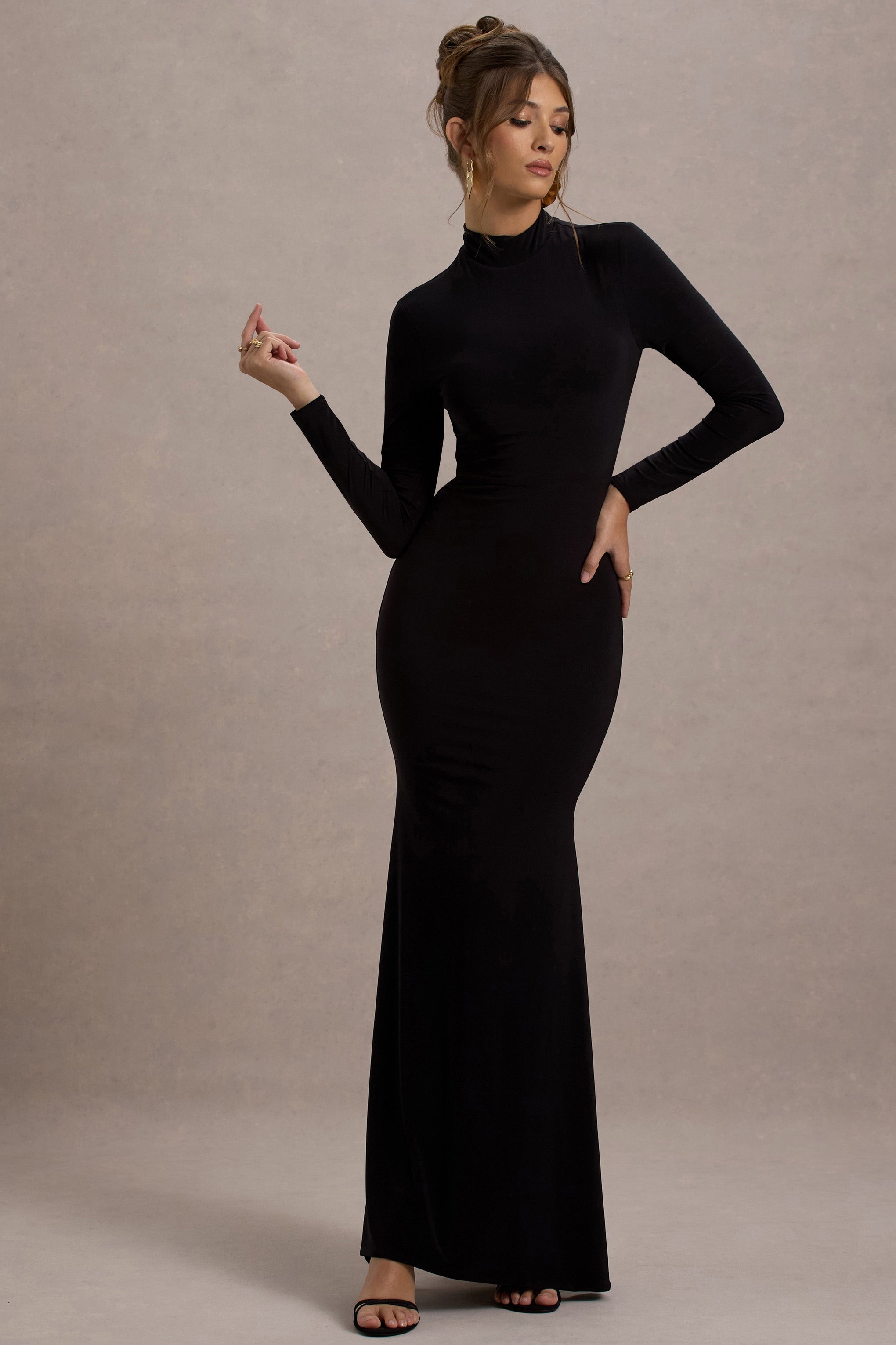 Tova | Black High-Neck Long-Sleeve Maxi Dress-Sowoom