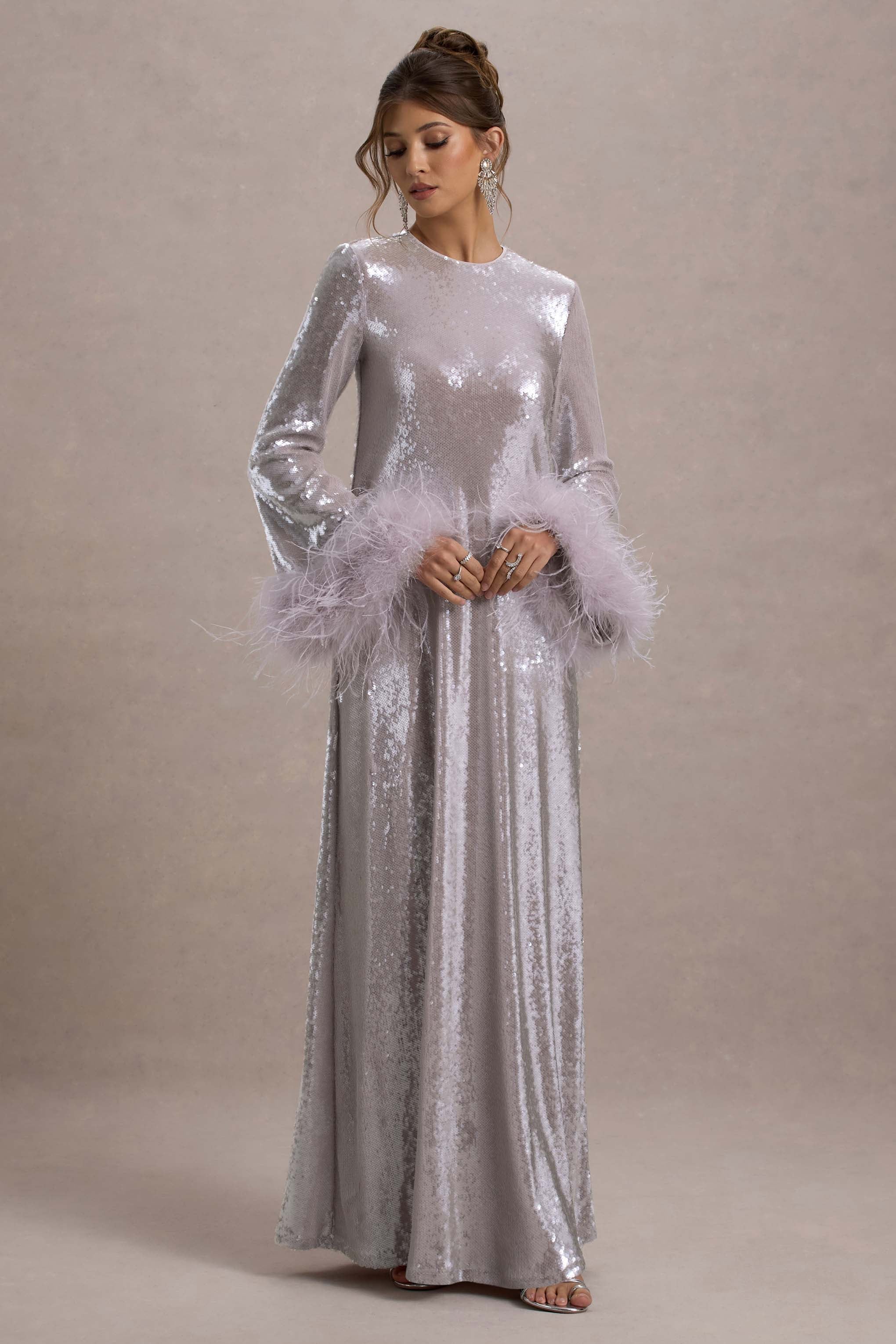 Tallie | Lilac Sequin Maxi Dress With Feather Trim-Sowoom