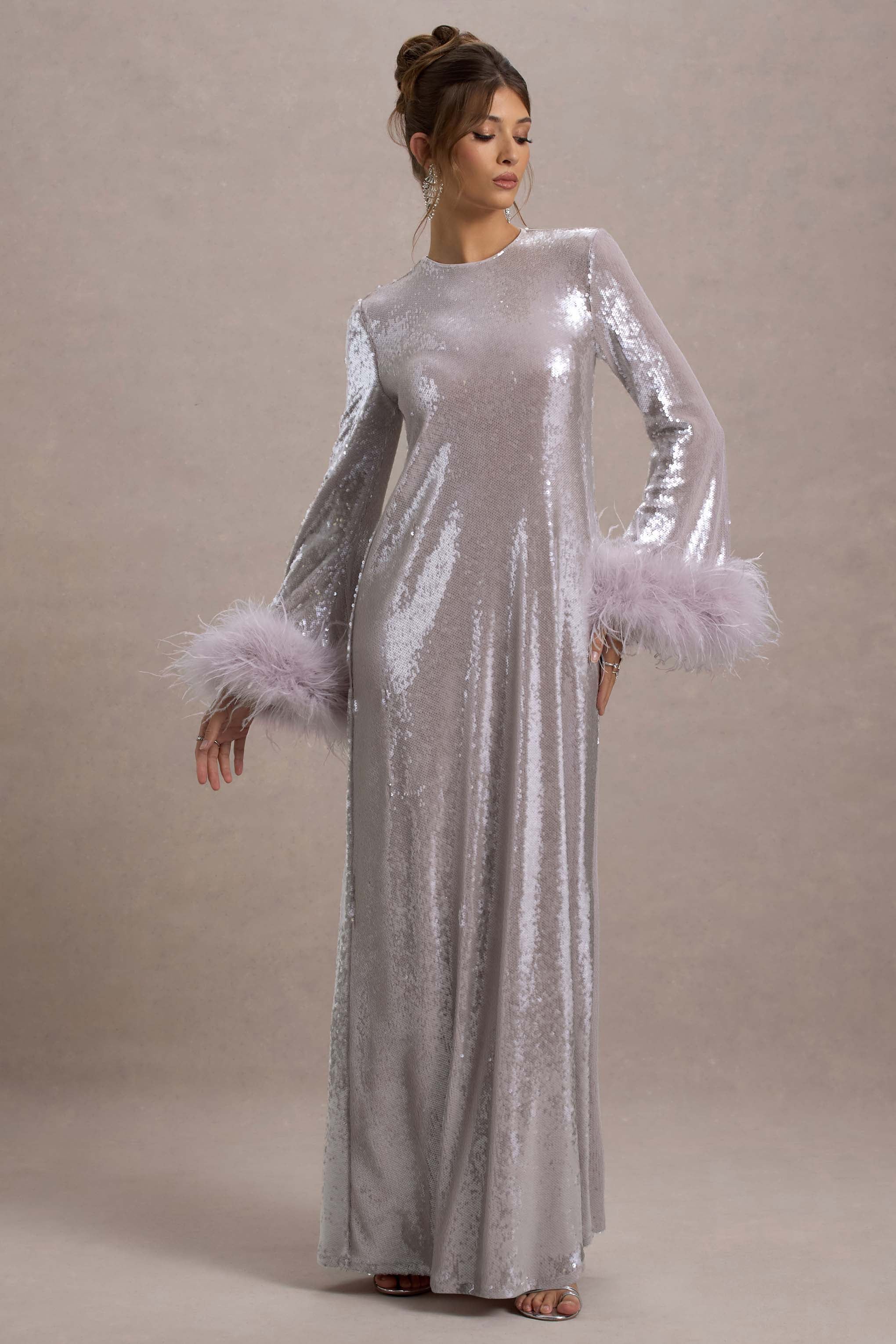 Tallie | Lilac Sequin Maxi Dress With Feather Trim-Sowoom
