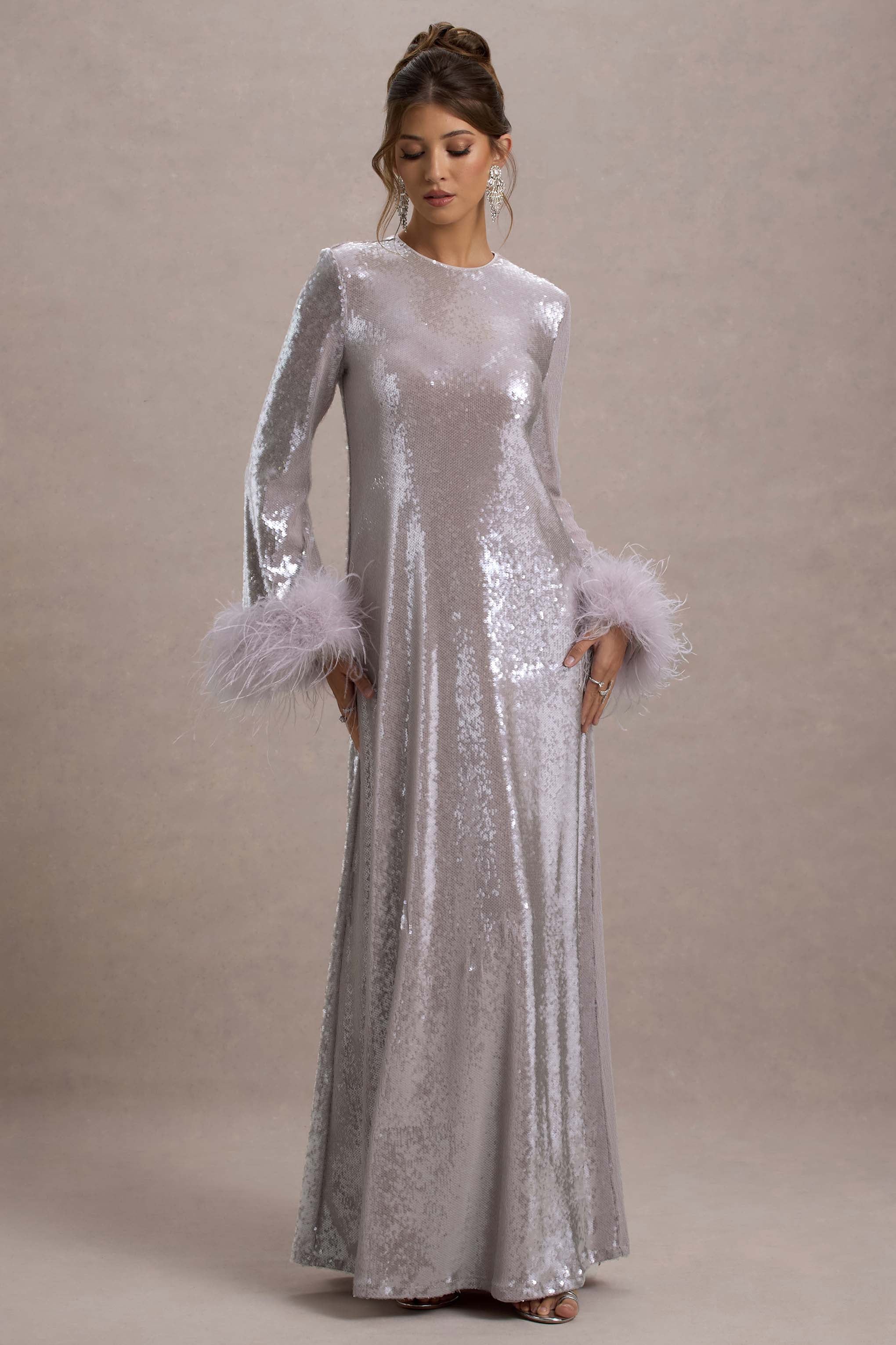 Tallie | Lilac Sequin Maxi Dress With Feather Trim-Sowoom