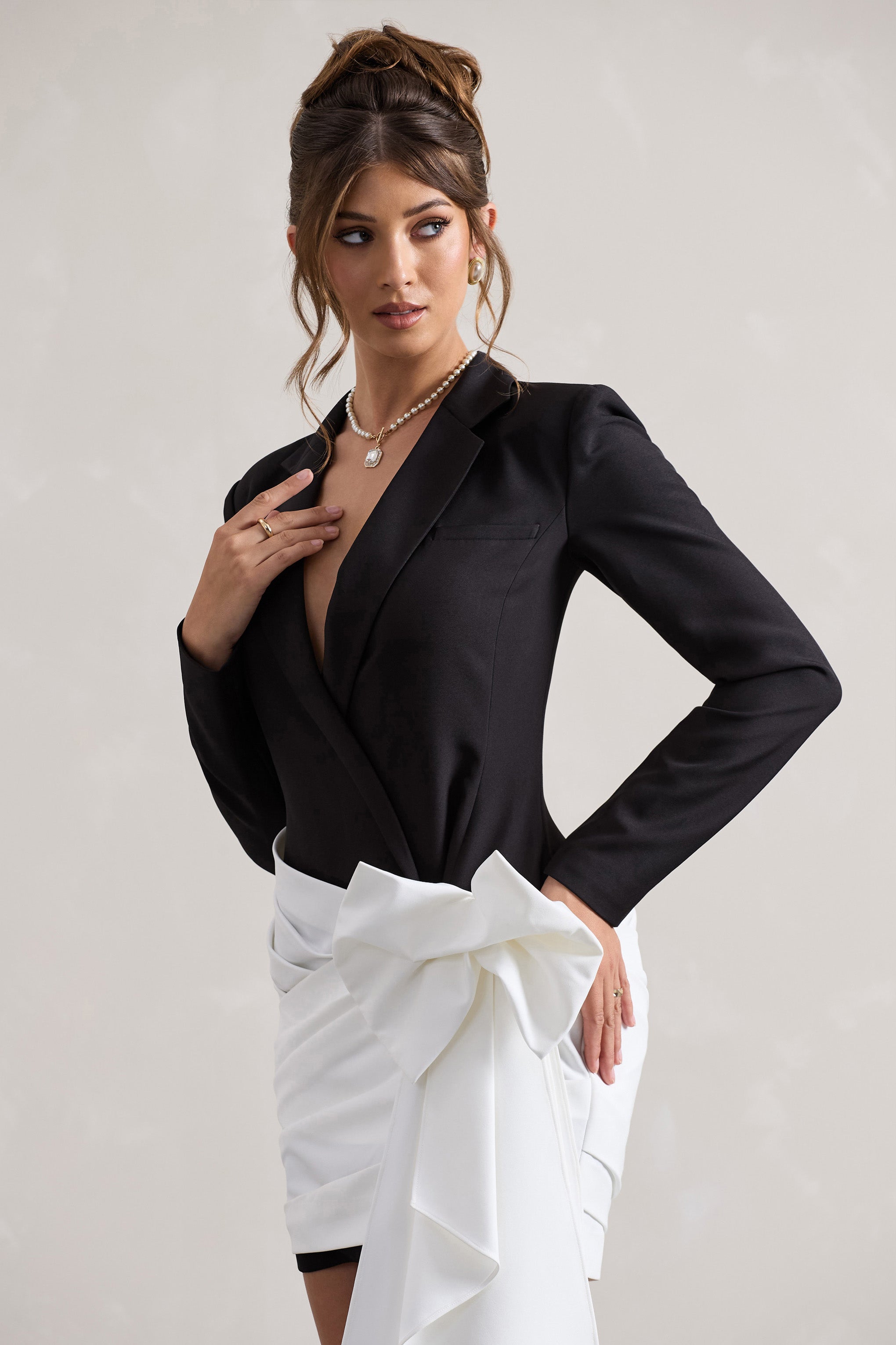 Capital | Black Tailored Blazer Mini Dress With Side Drape-Sowoom