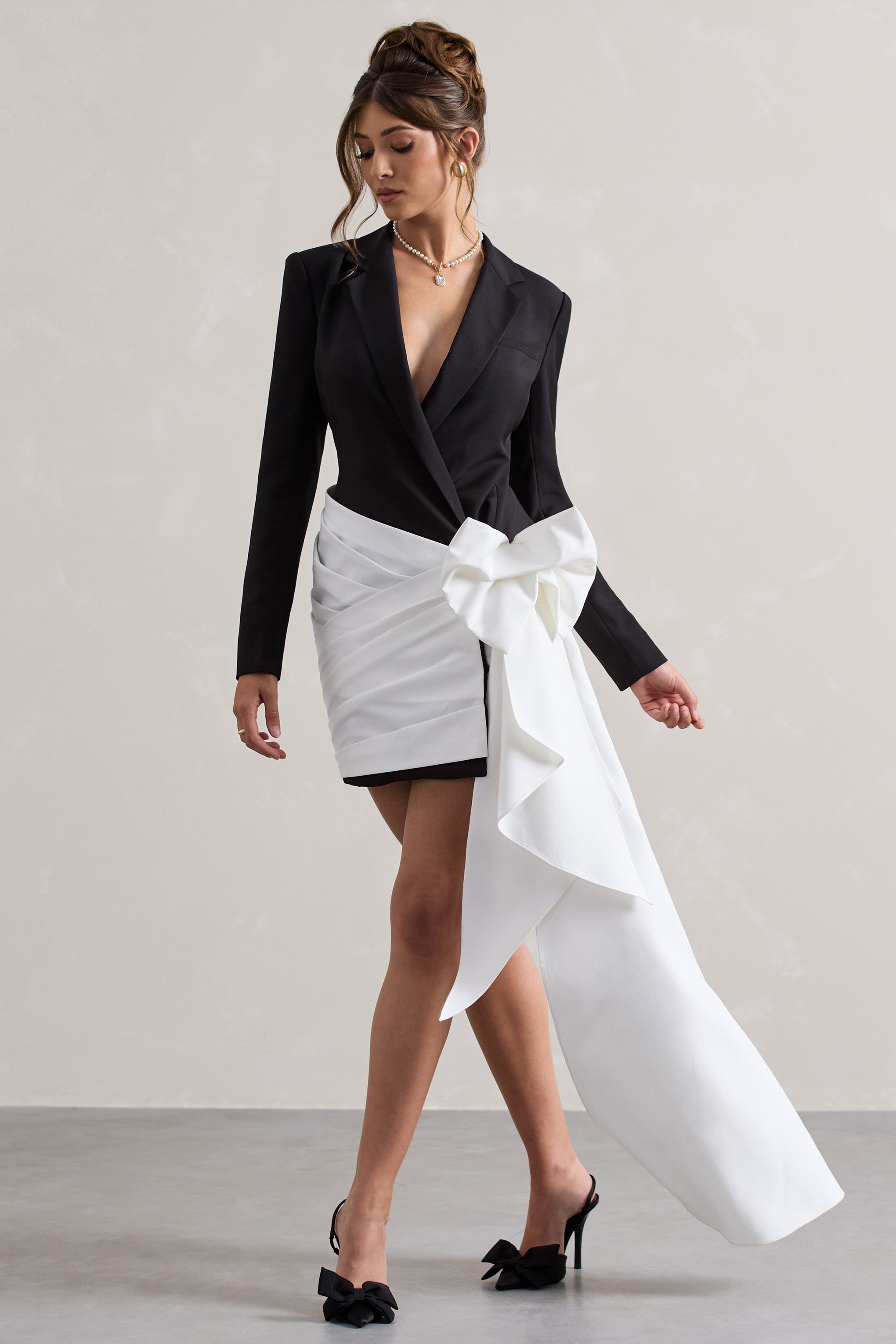 Capital | Black Tailored Blazer Mini Dress With Side Drape-Sowoom