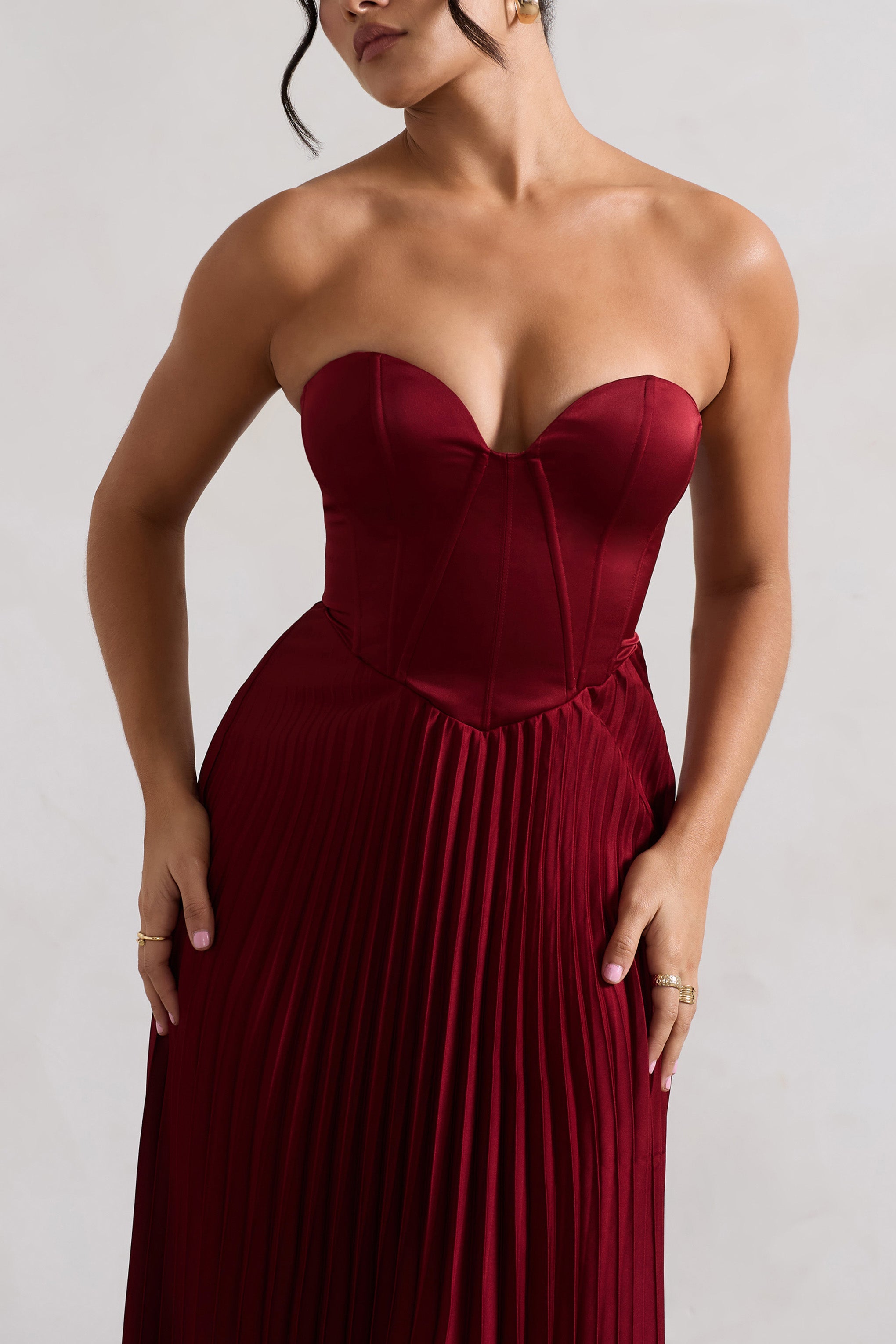 Bordeaux | Berry Satin Corset Style Midi Dress-Sowoom