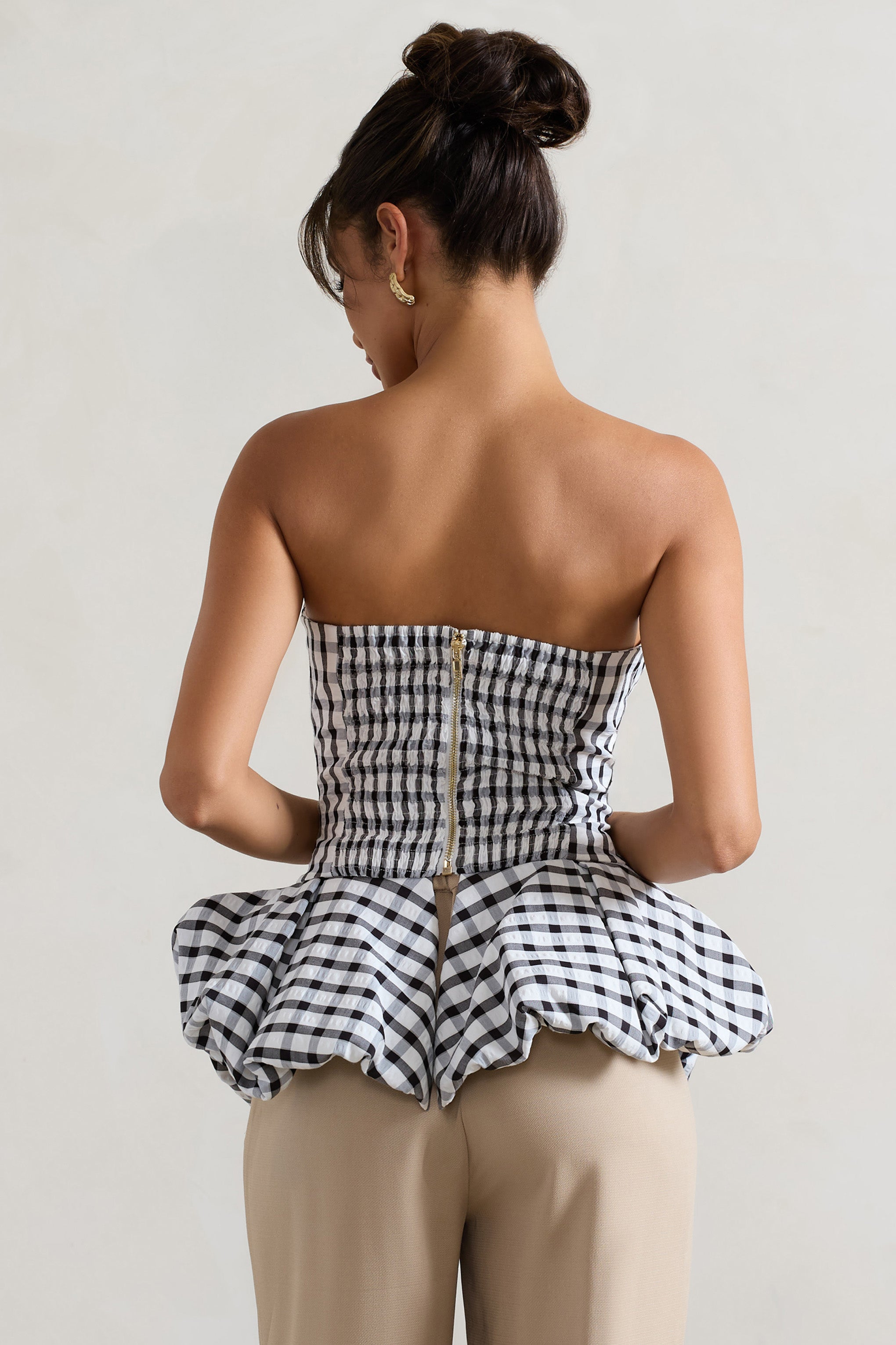 Roll With It | Black & White Gingham Bandeau Ruffle Top-Sowoom